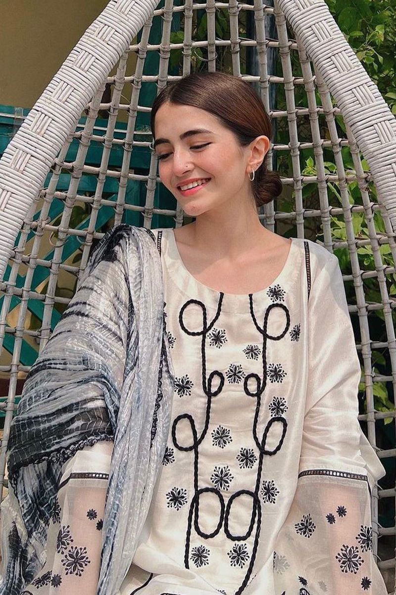 Ivory Black Embroidered Pure Raw Silk Salwar Kameez (3-Piece) - Image 2