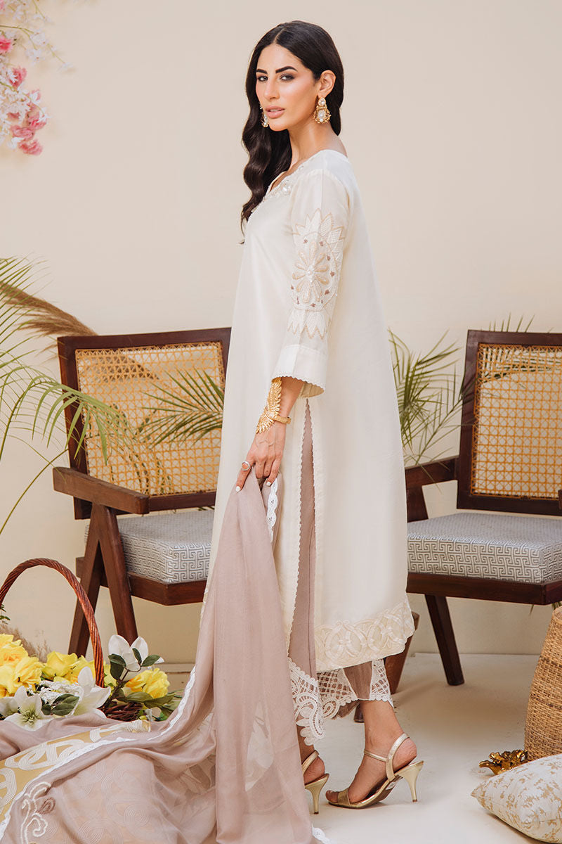 Ivory Embroidered Raw Silk Salwar Kameez (3-Piece) - Image 2