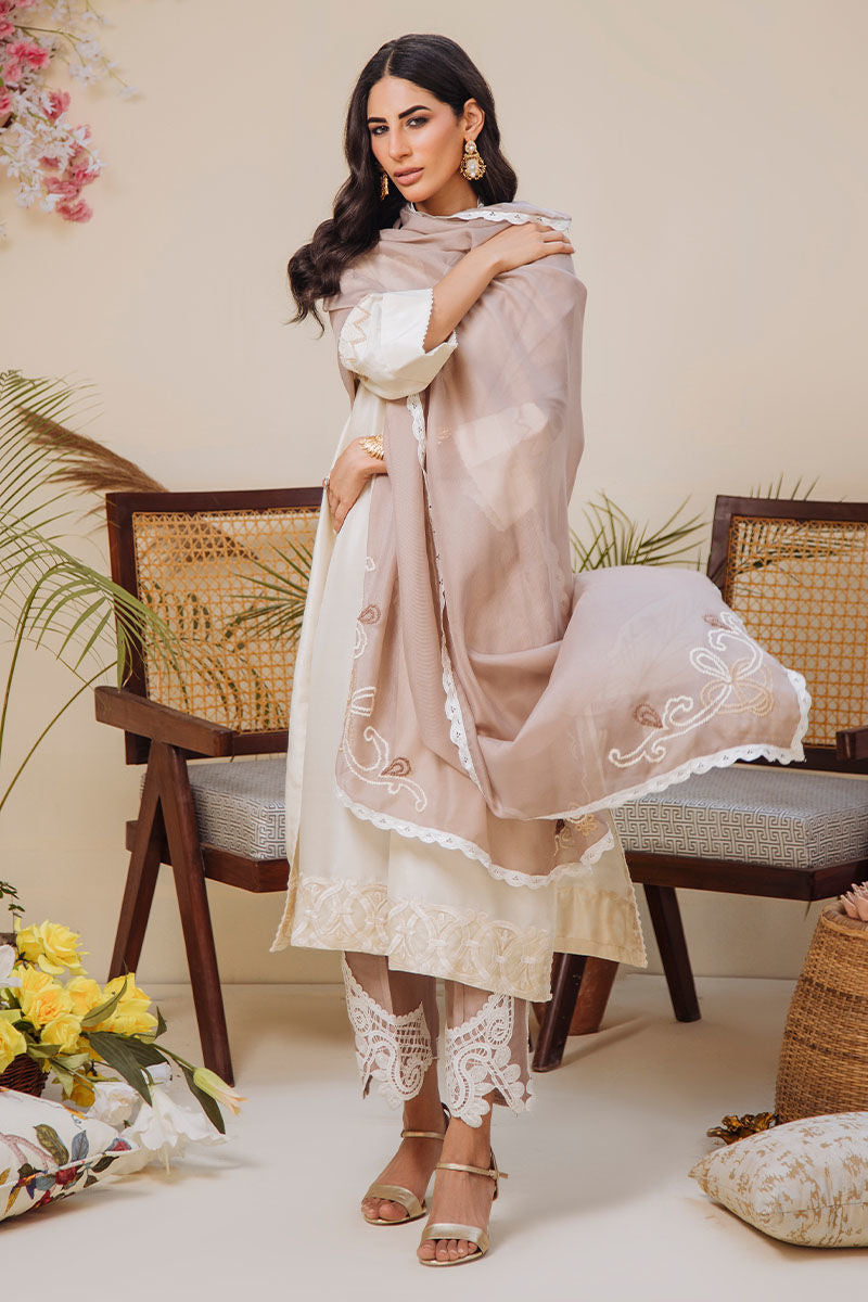 Ivory Embroidered Raw Silk Salwar Kameez (3-Piece) - Image 3