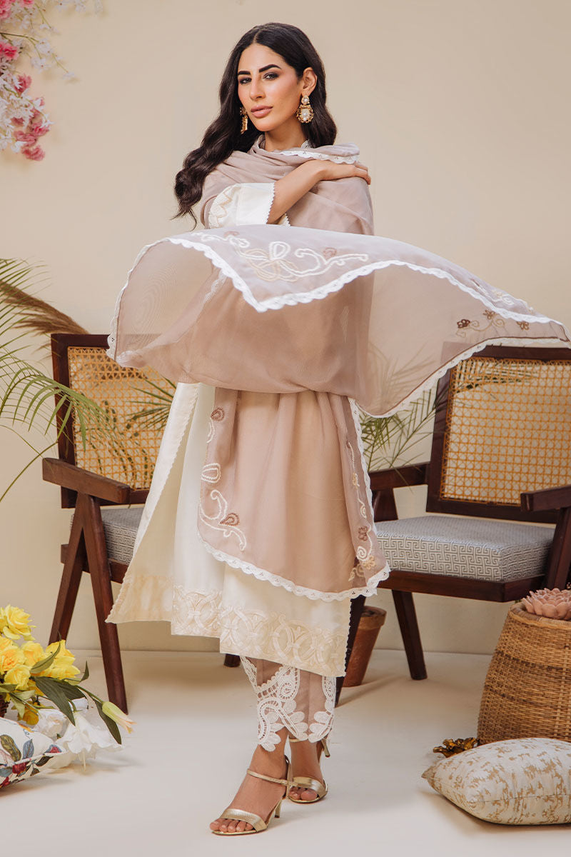 Ivory Embroidered Raw Silk Salwar Kameez (3-Piece) - Image 4