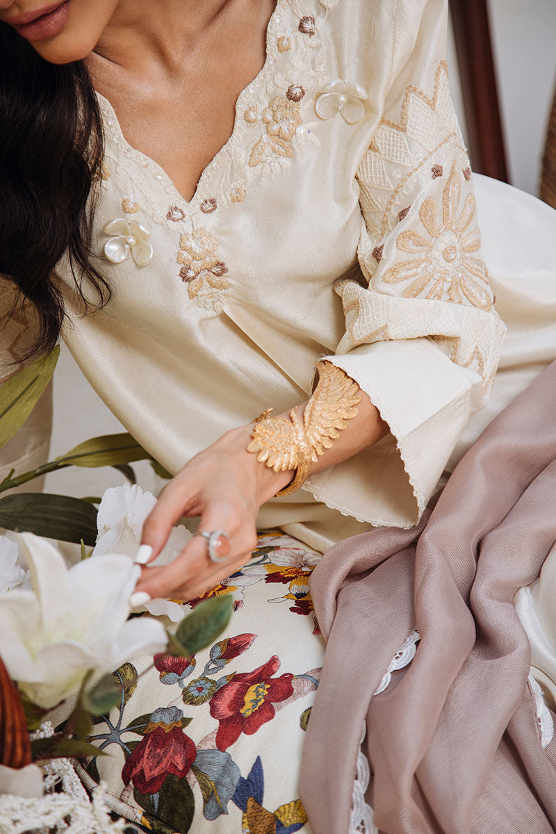 Ivory Embroidered Raw Silk Salwar Kameez (3-Piece) - Image 5