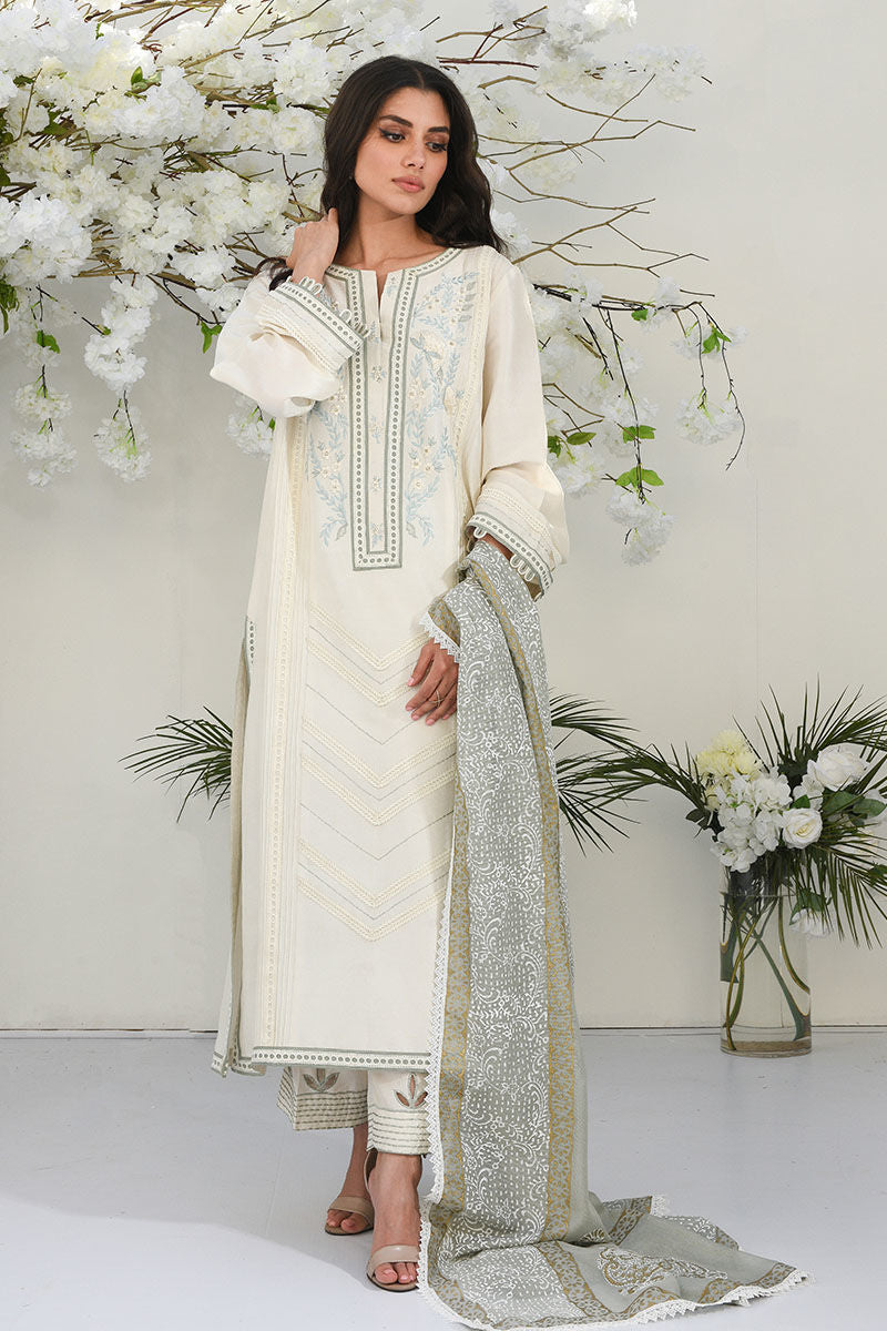 Ivory Embroidered Raw Silk Kurta Set (3-Piece) - Image 1