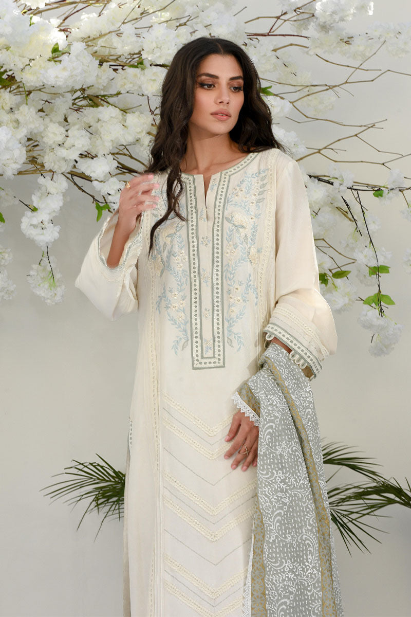 Ivory Embroidered Raw Silk Kurta Set (3-Piece) - Image 2
