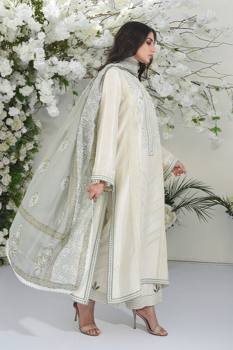 Ivory Embroidered Raw Silk Kurta Set (3-Piece) - Image 3