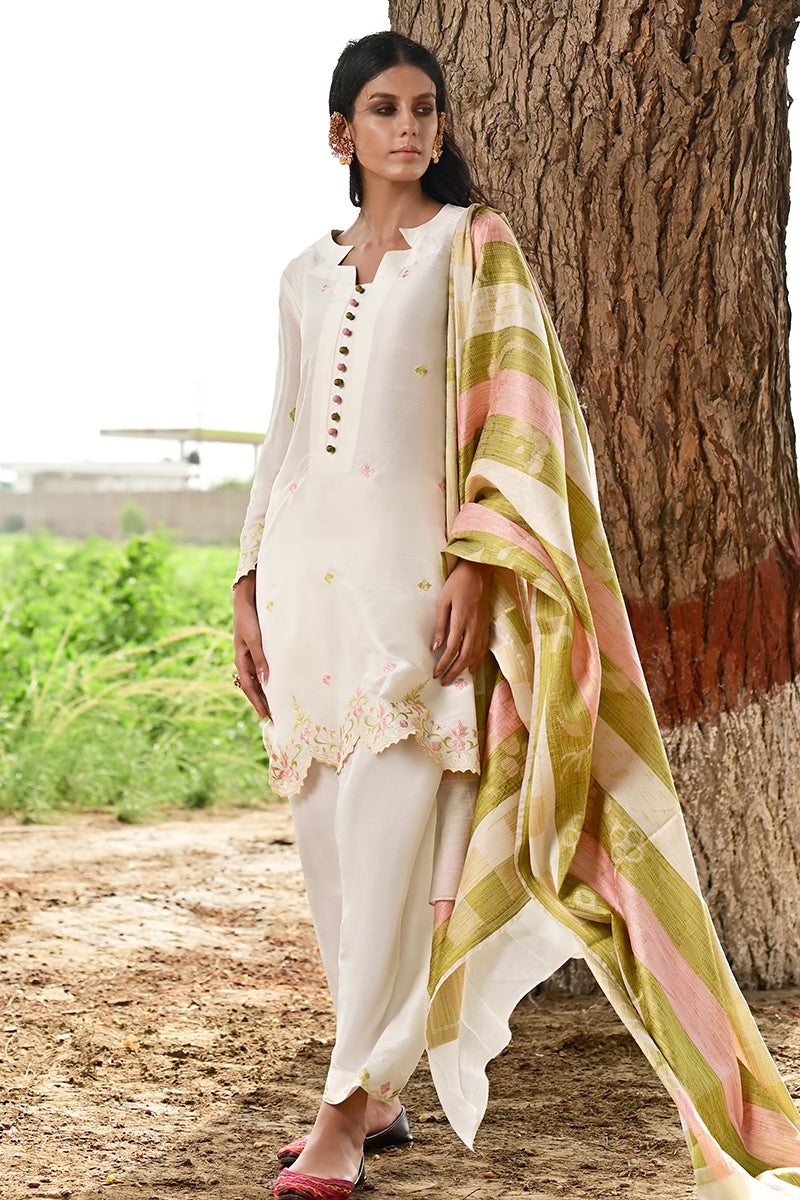Pakistani Ivory Embroidered Raw Silk Salwar Kameez (3-Piece) - Image 1