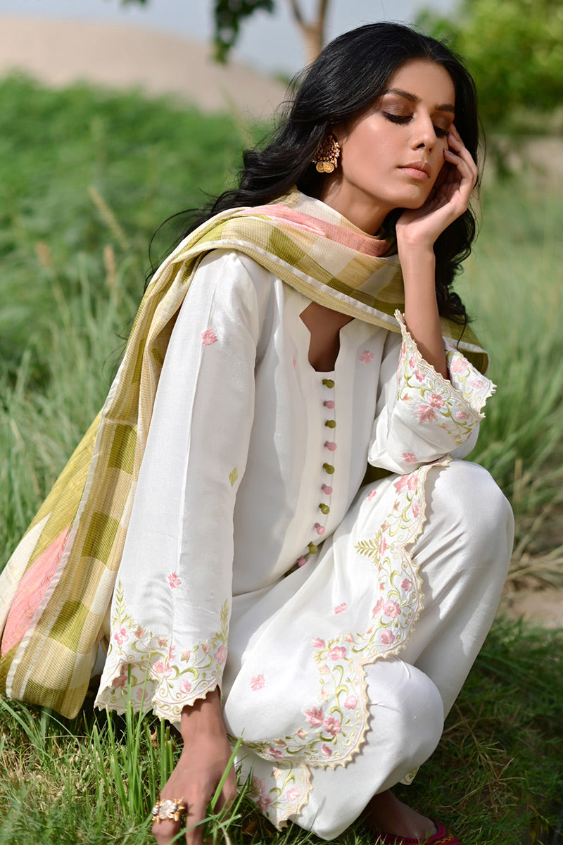 Pakistani Ivory Embroidered Raw Silk Salwar Kameez (3-Piece) - Image 4