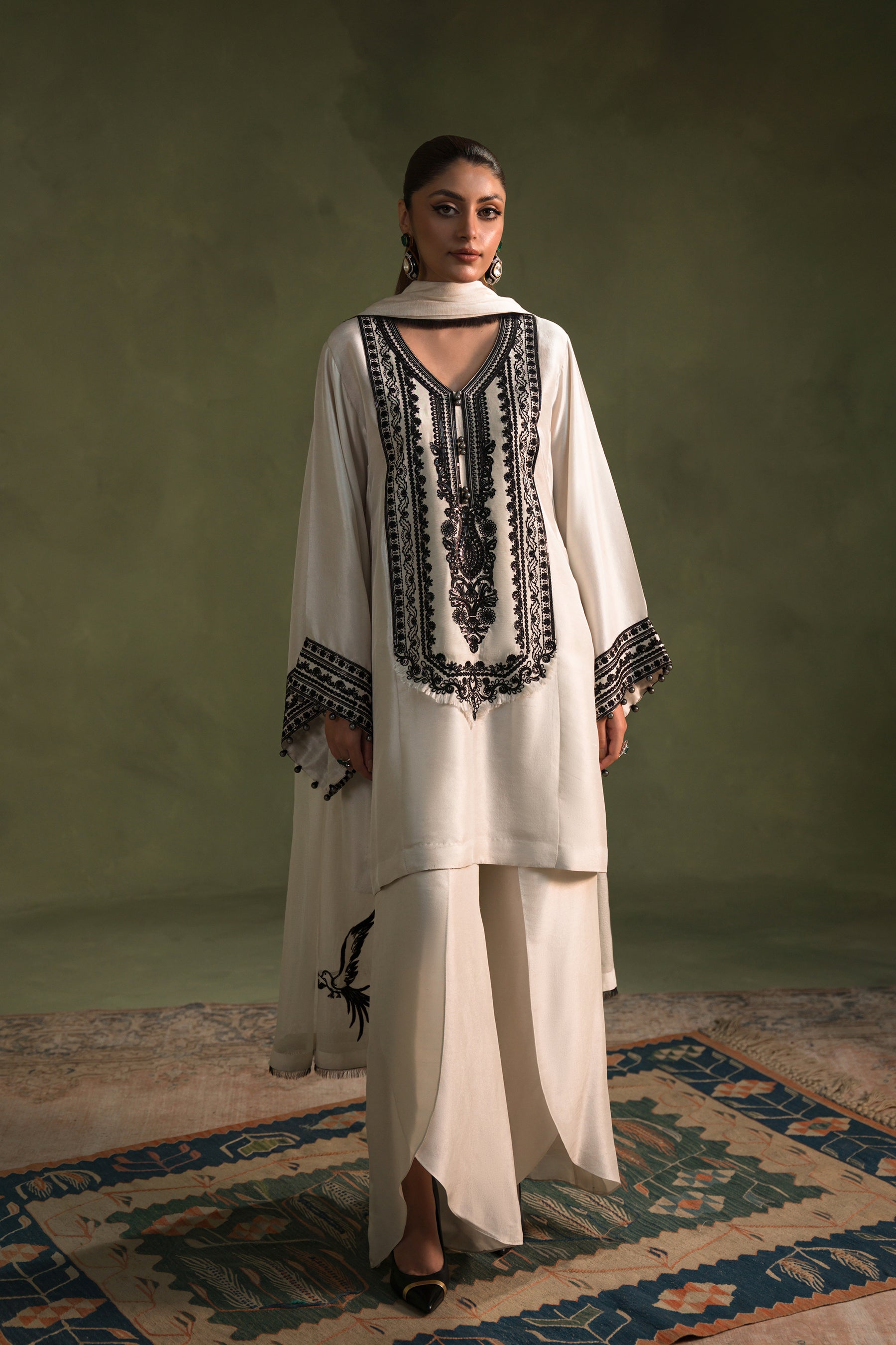 Creamy Off White Embroidered Silk Salwar Kameez (3-Piece) - Image 1