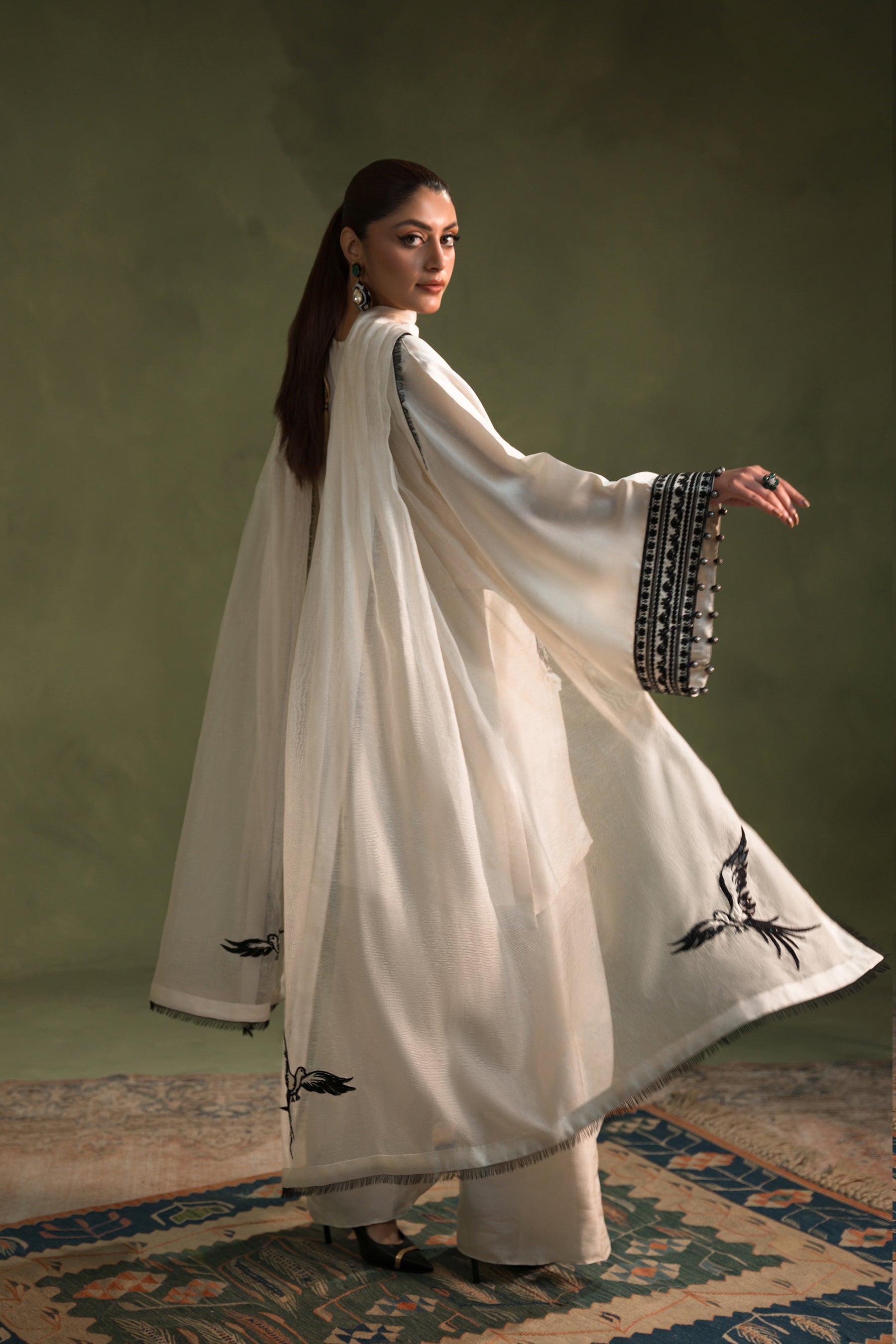 Creamy Off White Embroidered Silk Salwar Kameez (3-Piece) - Image 4