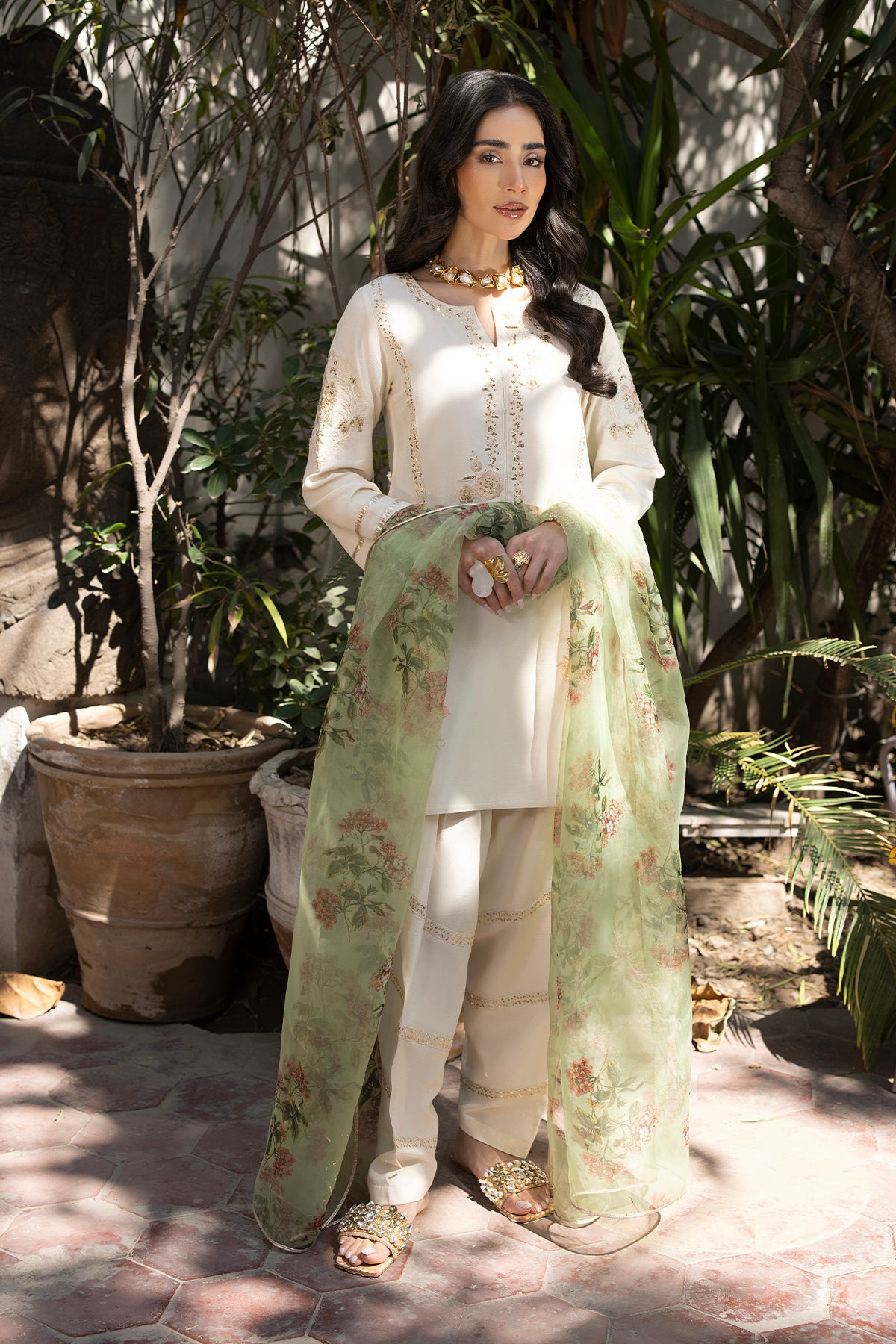 Pakistani Off-White Embroidered Raw Silk Salwar Kameez (3-Piece) - Image 1