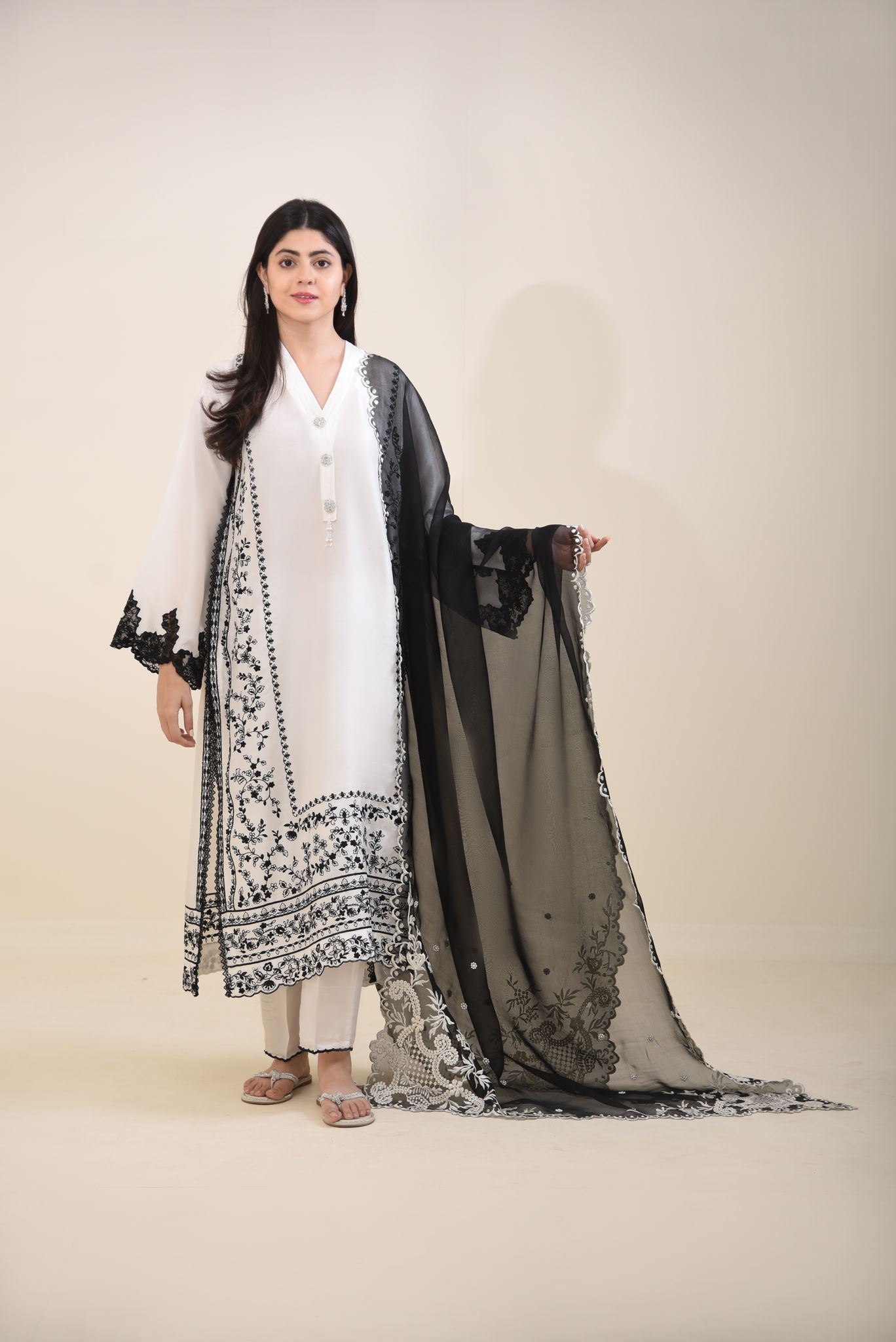 Ivory Black Embroidered Pure Raw Silk Long Kameez (3-Piece) - Image 1