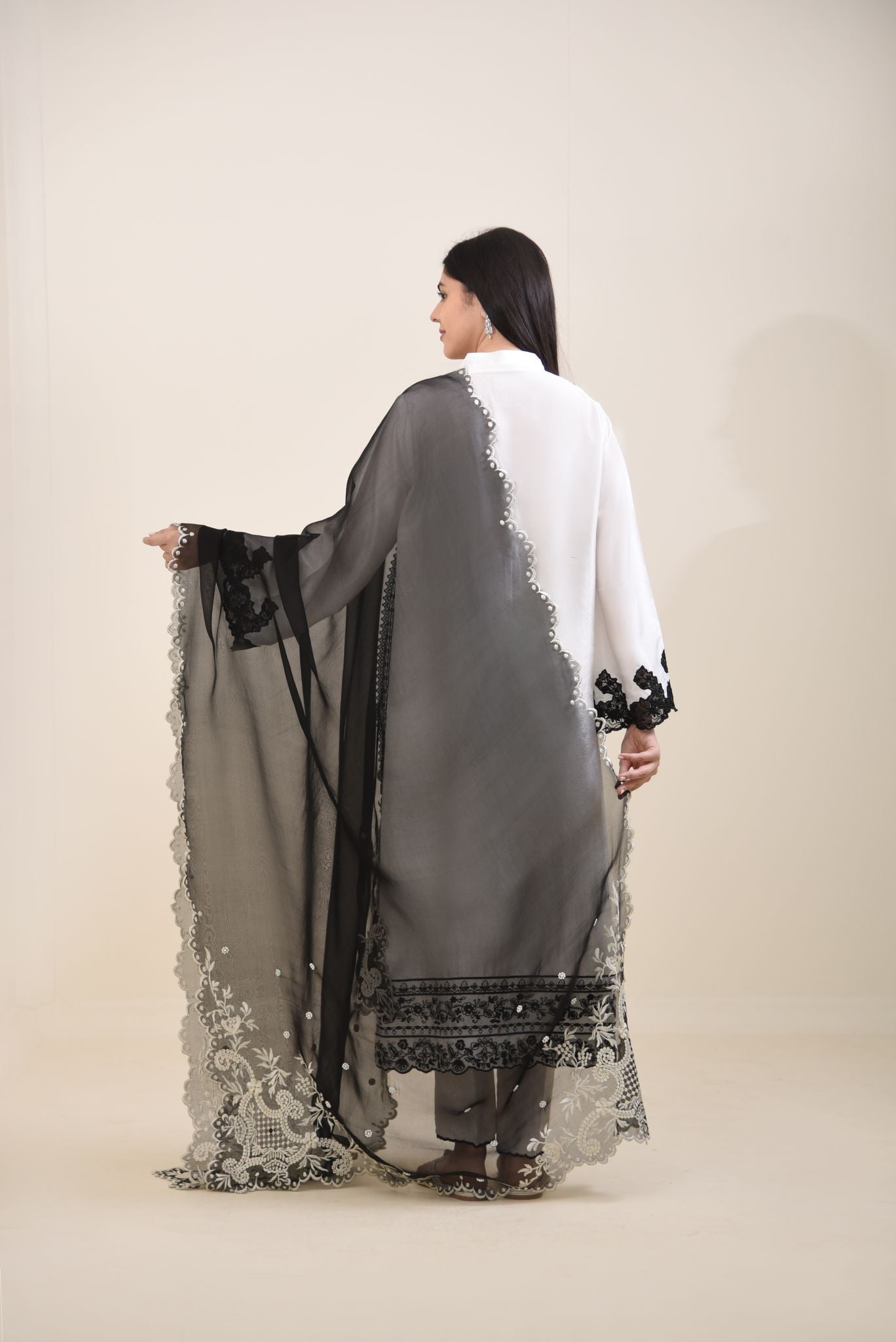 Ivory Black Embroidered Pure Raw Silk Long Kameez (3-Piece) - Image 2