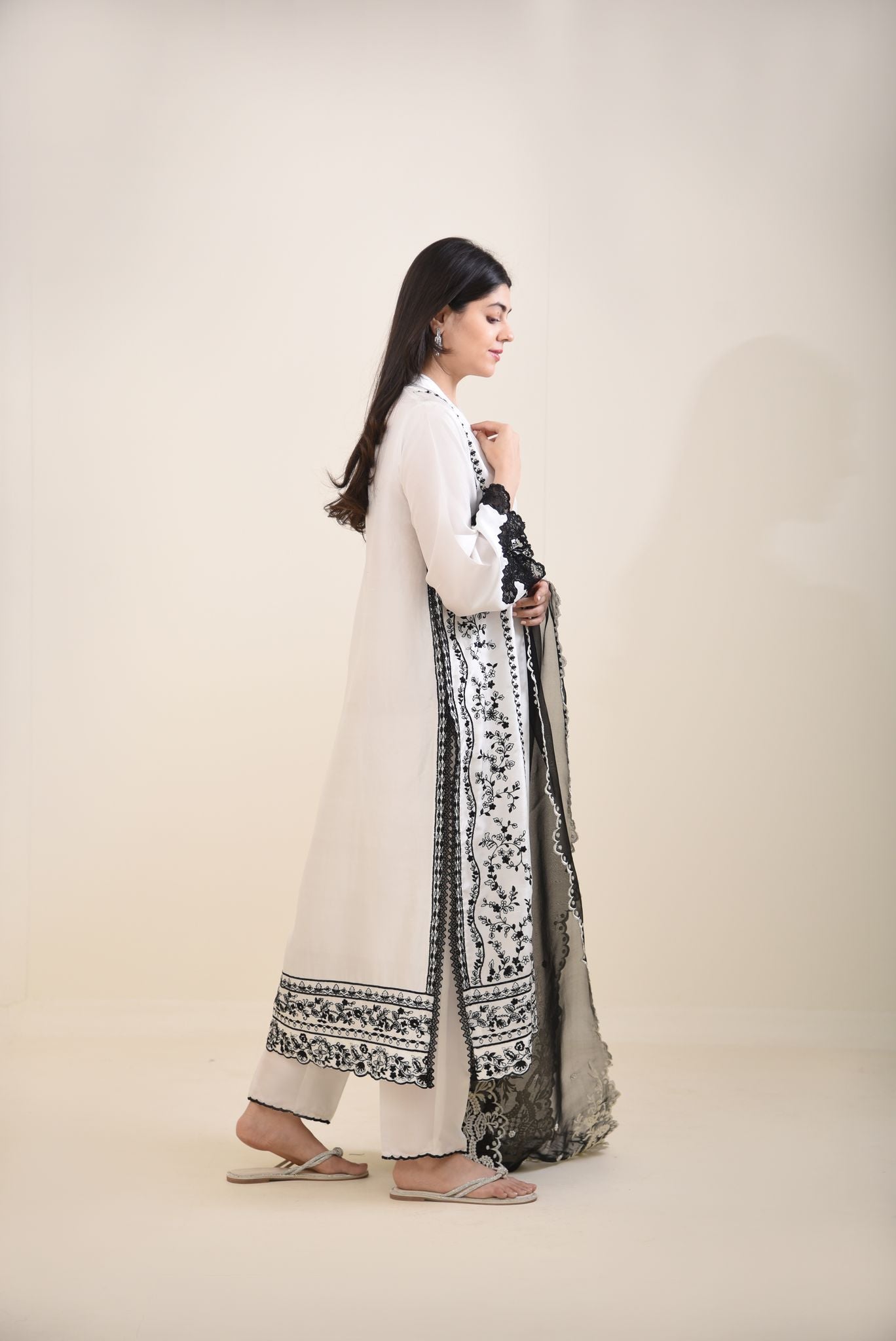Ivory Black Embroidered Pure Raw Silk Long Kameez (3-Piece) - Image 3