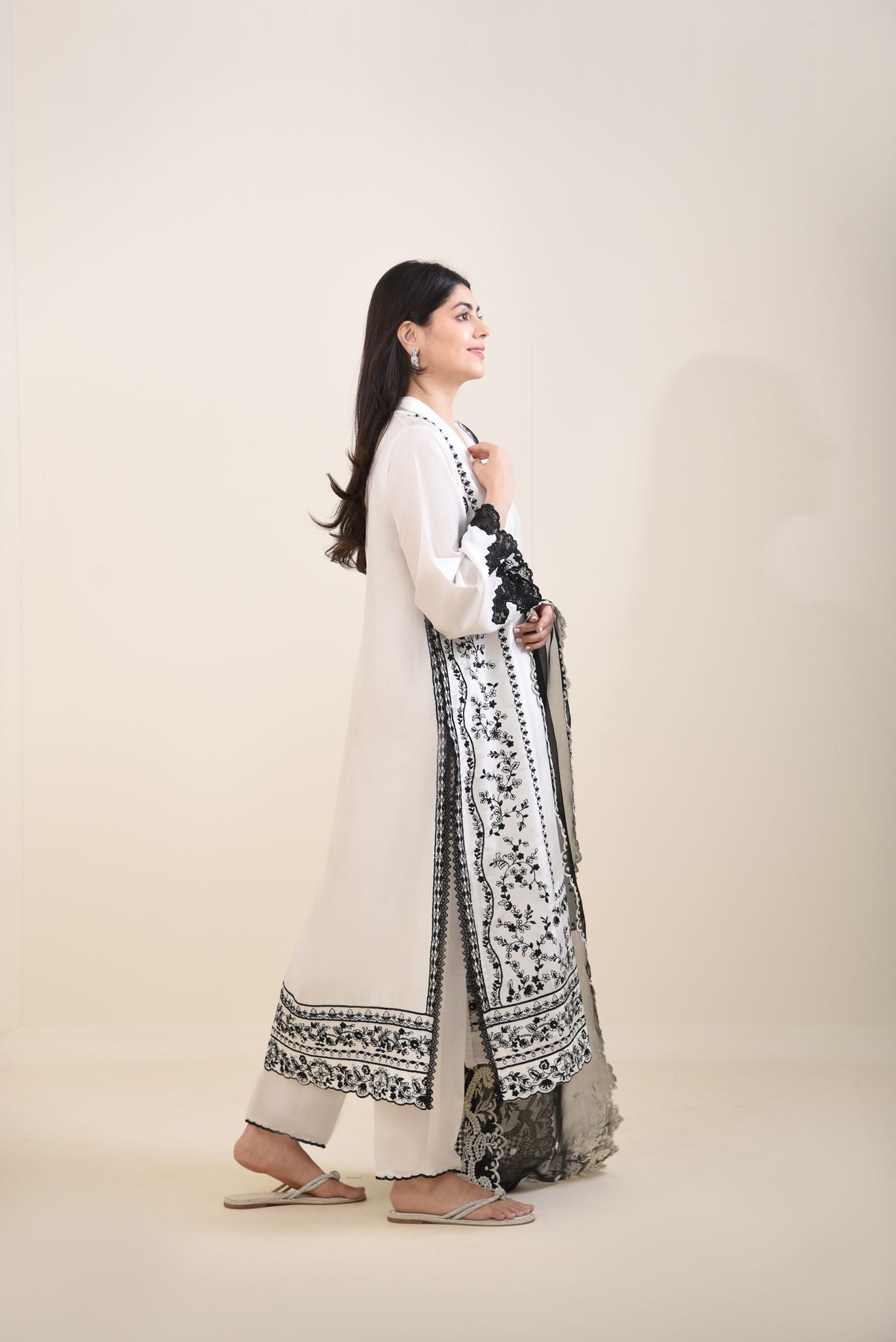 Ivory Black Embroidered Pure Raw Silk Long Kameez (3-Piece) - Image 4