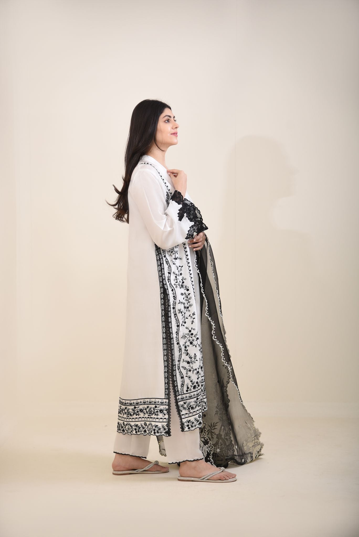 Ivory Black Embroidered Pure Raw Silk Long Kameez (3-Piece) - Image 5