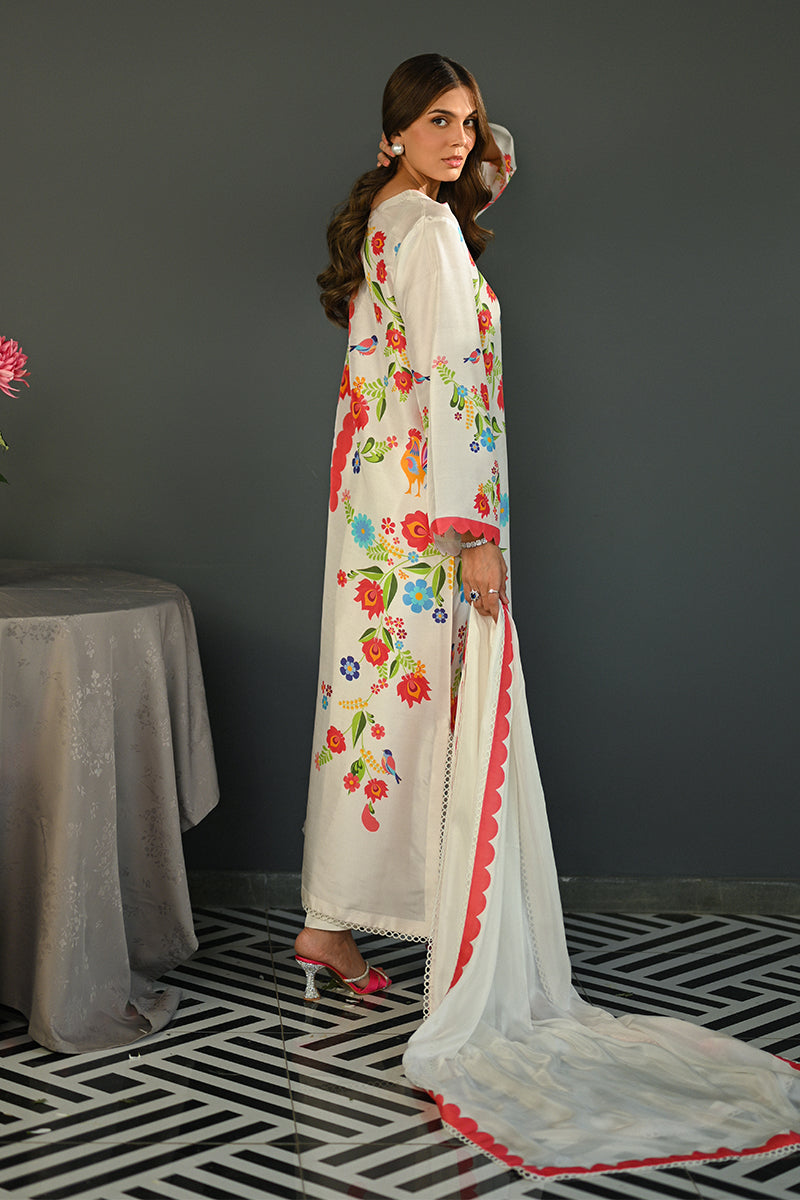 Pakistani Ivory Printed Pure Rawsilk Salwar Kameez (3-Piece) - Image 4