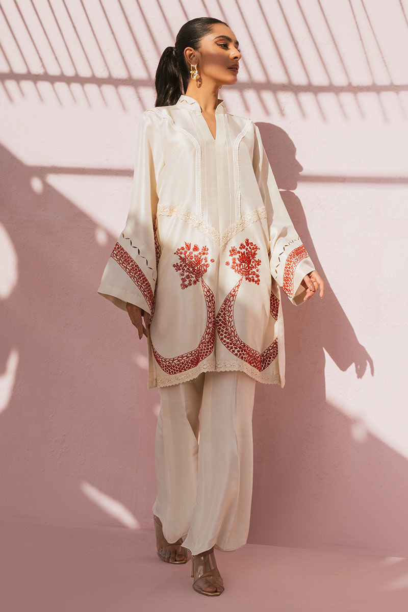 Pakistani Ivory Embroidered Pure Rawsilk Salwar Kameez (2-Piece) - Image 1