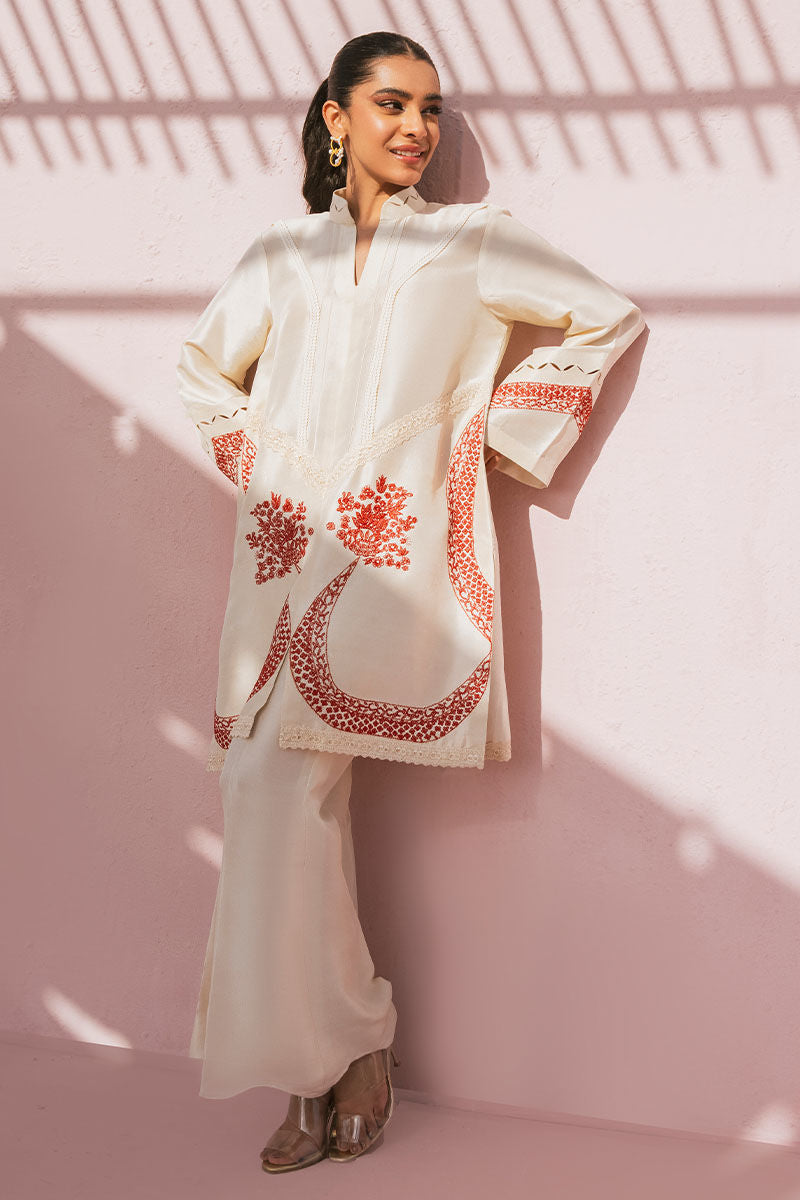 Pakistani Ivory Embroidered Pure Rawsilk Salwar Kameez (2-Piece) - Image 2