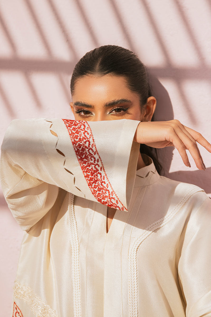 Pakistani Ivory Embroidered Pure Rawsilk Salwar Kameez (2-Piece) - Image 3