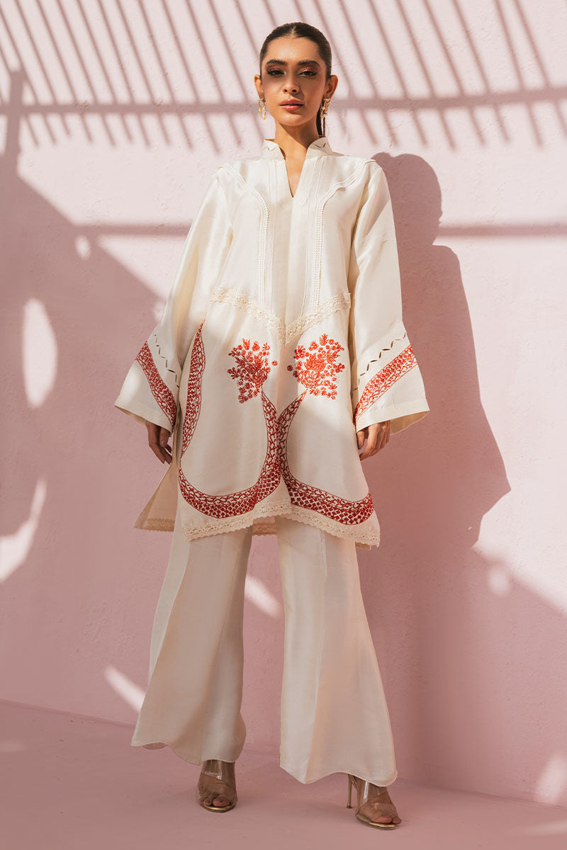 Pakistani Ivory Embroidered Pure Rawsilk Salwar Kameez (2-Piece) - Image 5