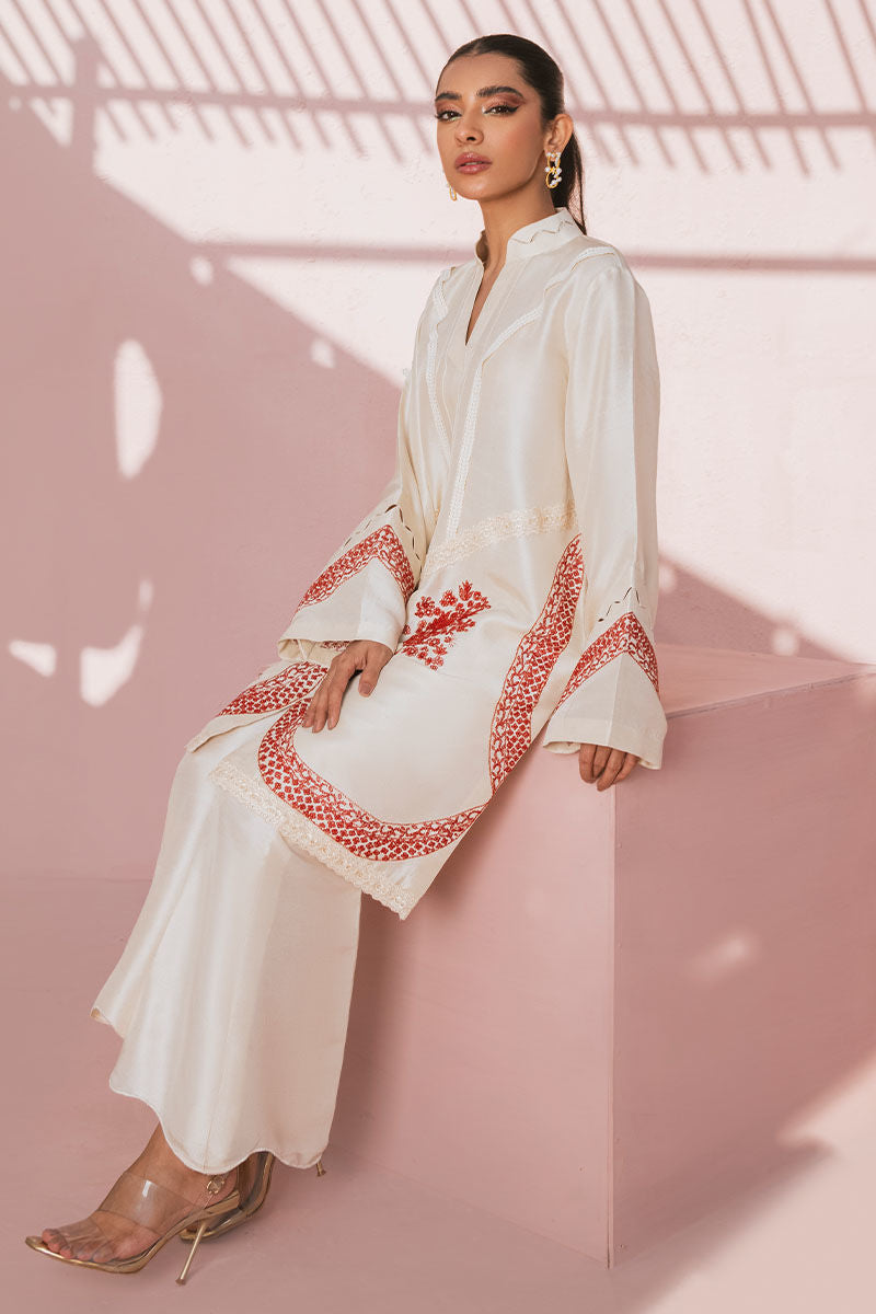 Pakistani Ivory Embroidered Pure Rawsilk Salwar Kameez (2-Piece) - Image 6