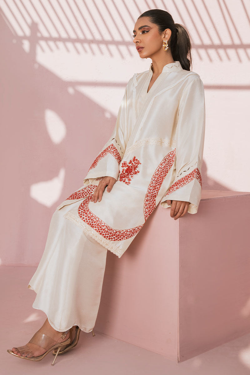 Pakistani Ivory Embroidered Pure Rawsilk Salwar Kameez (2-Piece) - Image 7