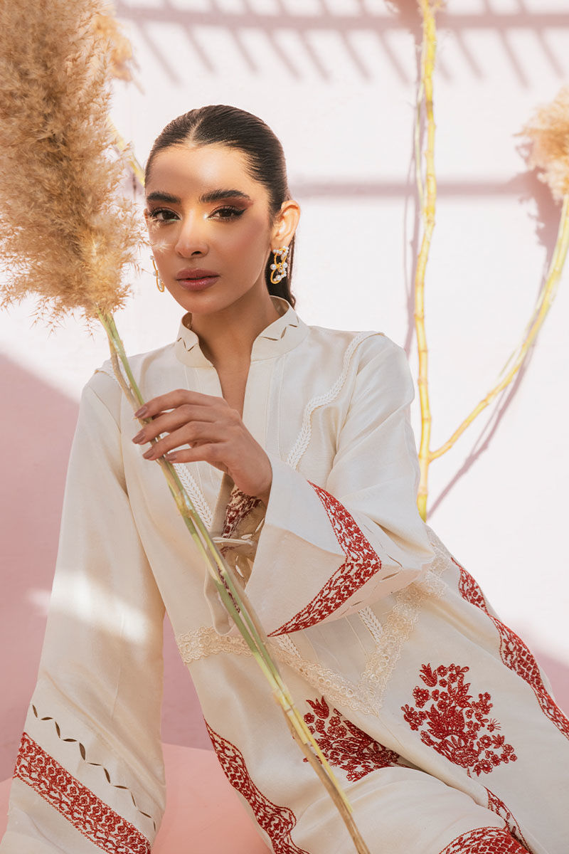 Pakistani Ivory Embroidered Pure Rawsilk Salwar Kameez (2-Piece) - Image 8