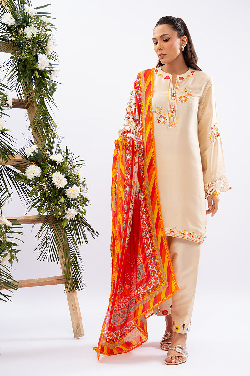 Pakistani Ivory Embroidered Pure Rawsilk Salwar Kameez (3-Piece) - Image 1