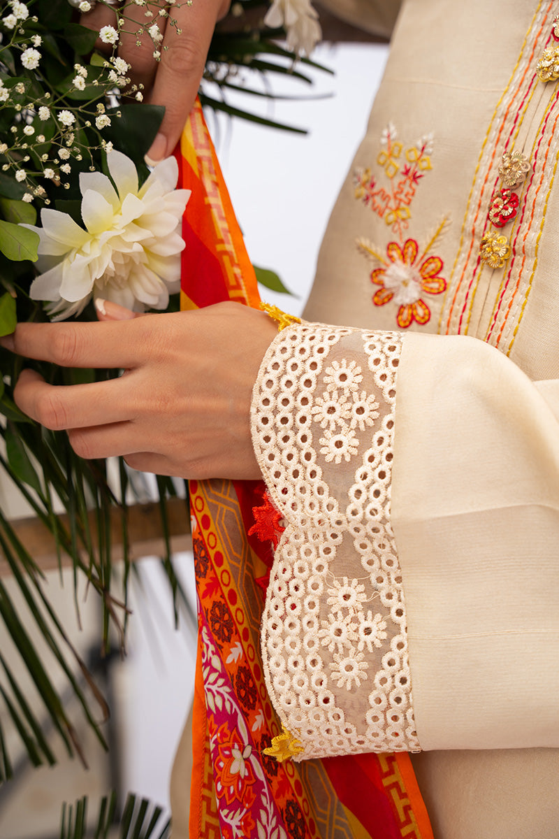 Pakistani Ivory Embroidered Pure Rawsilk Salwar Kameez (3-Piece) - Image 10