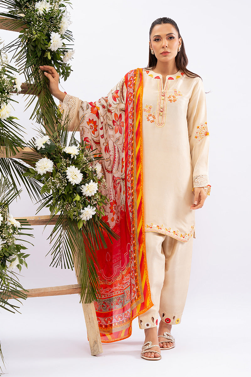 Pakistani Ivory Embroidered Pure Rawsilk Salwar Kameez (3-Piece) - Image 2