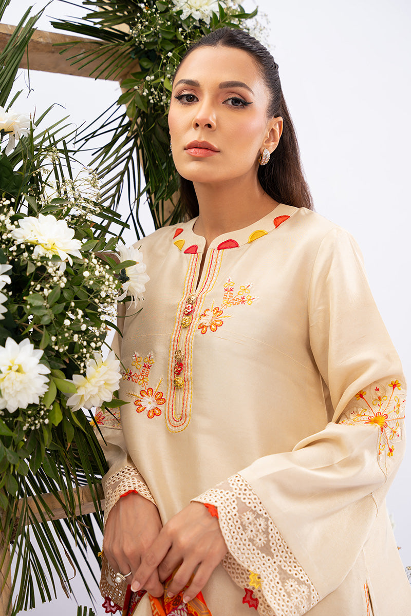 Pakistani Ivory Embroidered Pure Rawsilk Salwar Kameez (3-Piece) - Image 3