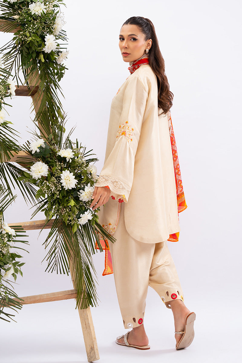 Pakistani Ivory Embroidered Pure Rawsilk Salwar Kameez (3-Piece) - Image 4