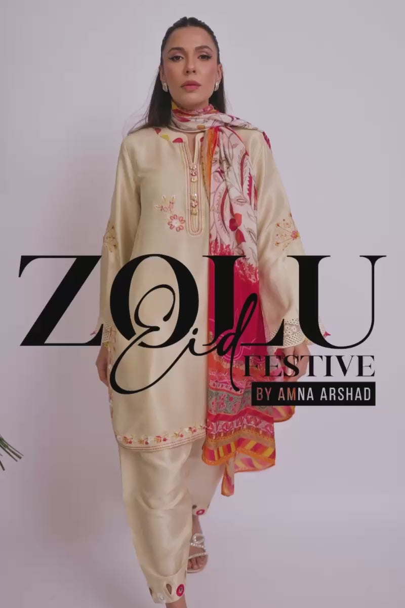 Pakistani Ivory Embroidered Pure Rawsilk Salwar Kameez (3-Piece) - Image 6