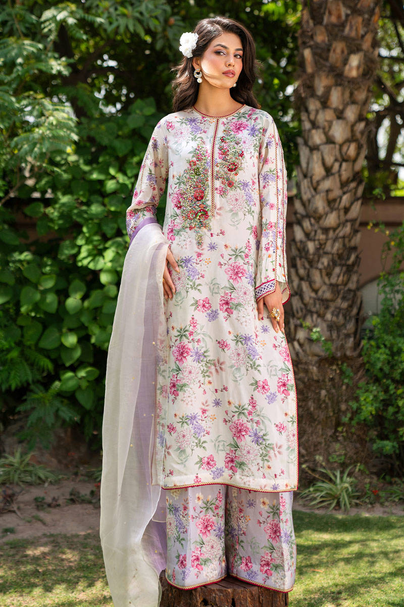 Ivory Lavender Embellished Digital-Printed Long Shirt (3-Piece) - Image 1
