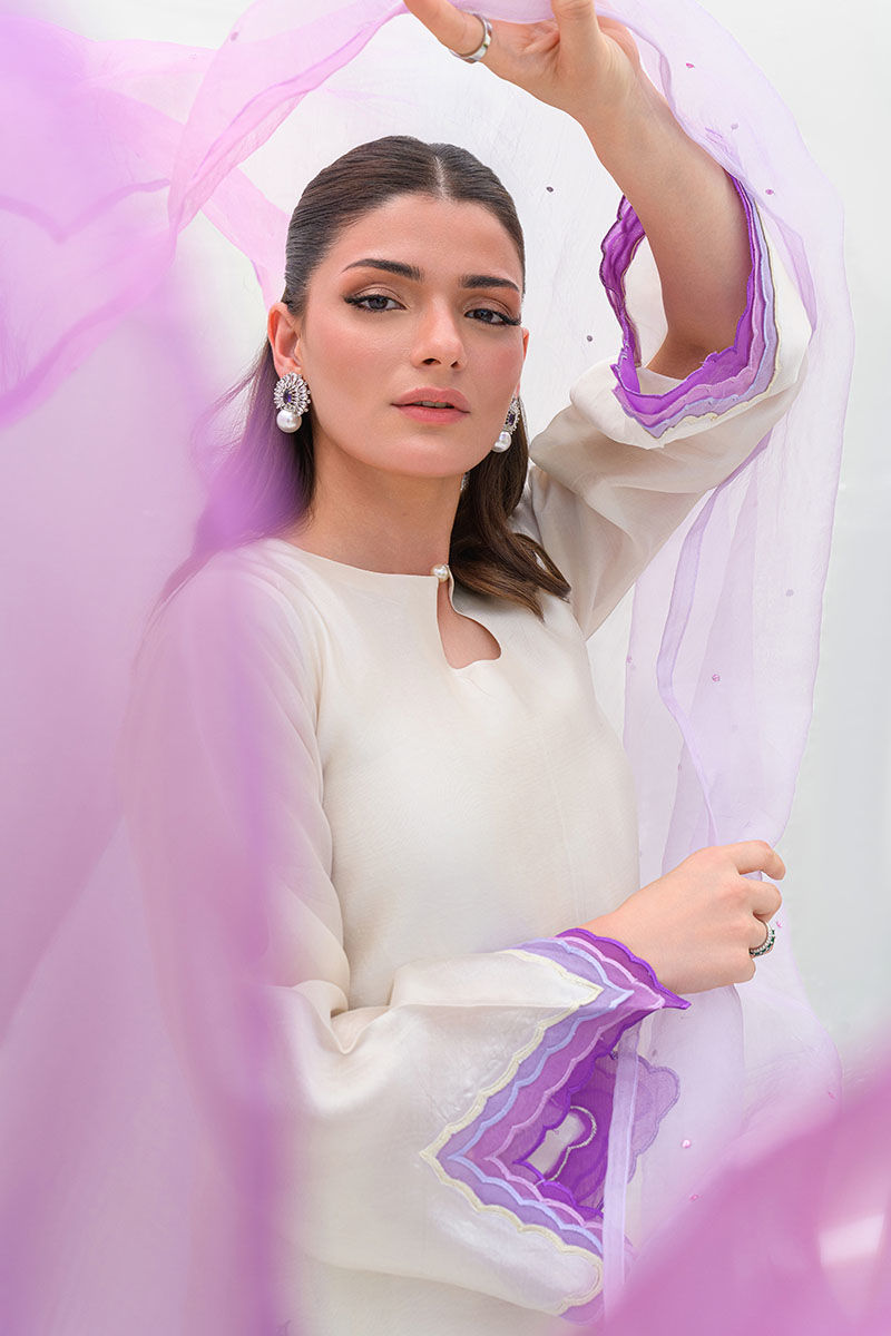 Ivory Organza Appliqué Sheesha Silk Salwar Kameez (3-Piece) - Image 4