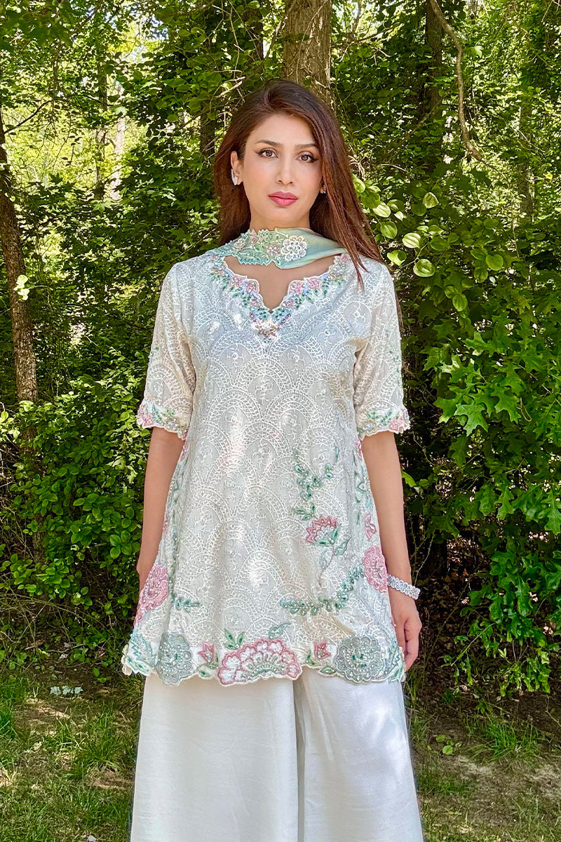 Ivory 3D Floral Embroidered Silk Salwar Kameez (3-Piece) - Image 1