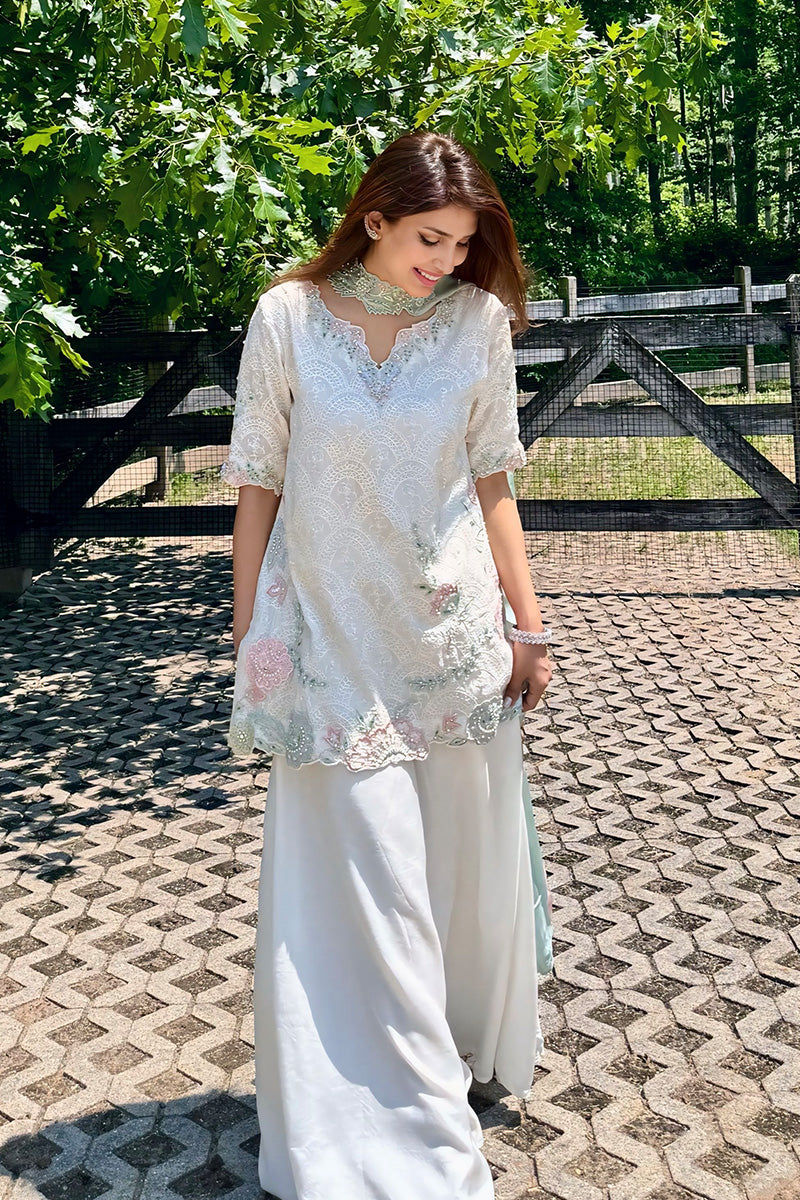 Ivory 3D Floral Embroidered Silk Salwar Kameez (3-Piece) - Image 2