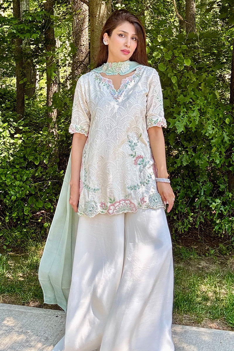 Ivory 3D Floral Embroidered Silk Salwar Kameez (3-Piece) - Image 4