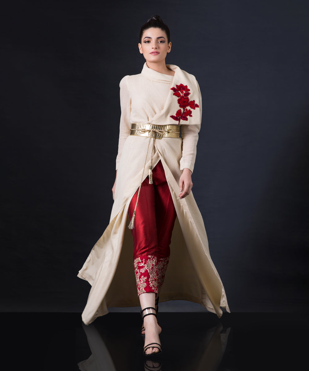Pakistani Ivory and Red Embroidered Silk-Blend Jacket Set (2-Piece) - Image 1