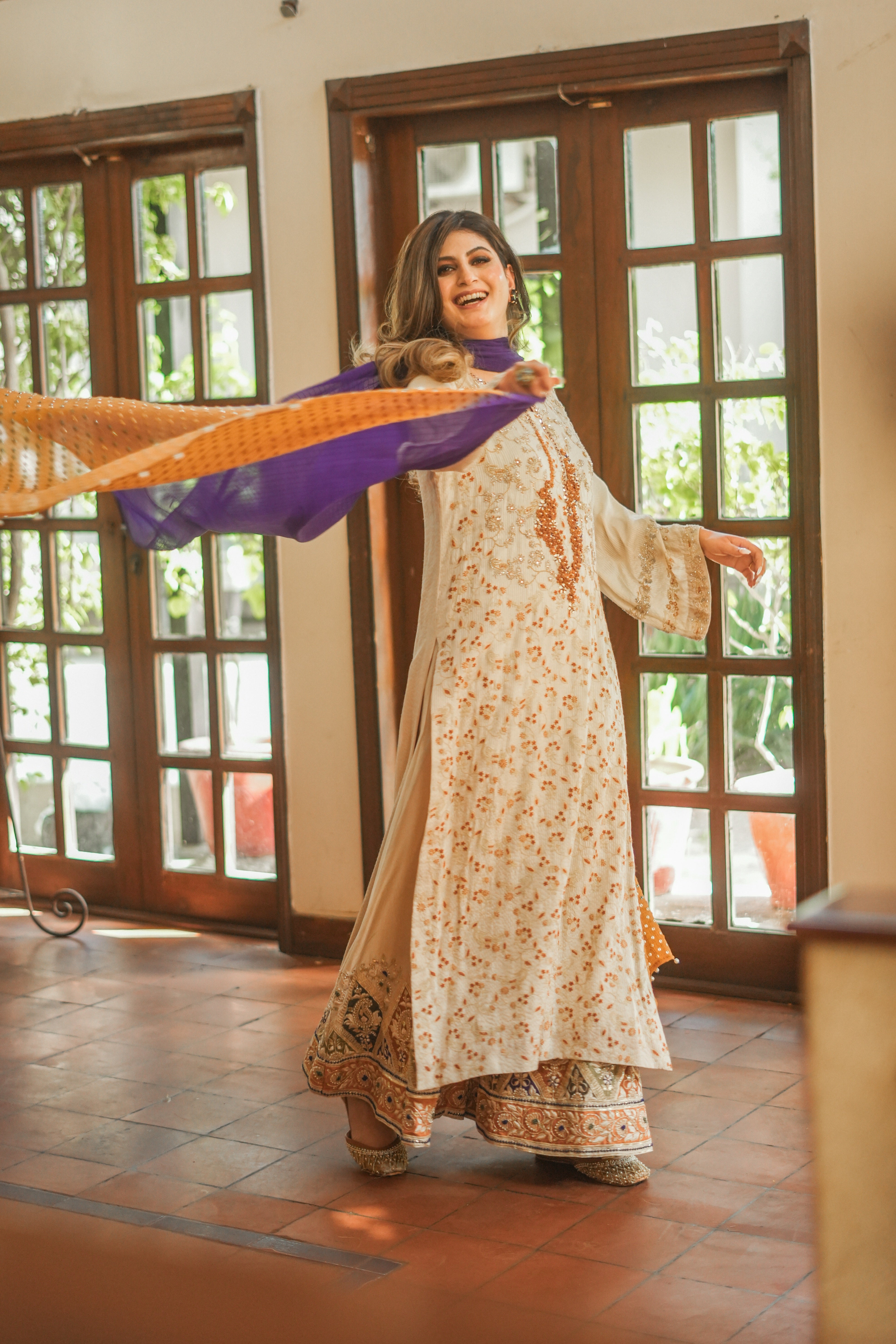 Pakistani Ivory Embroidered Silk Striped Salwar Kameez (3-Piece) - Image 10