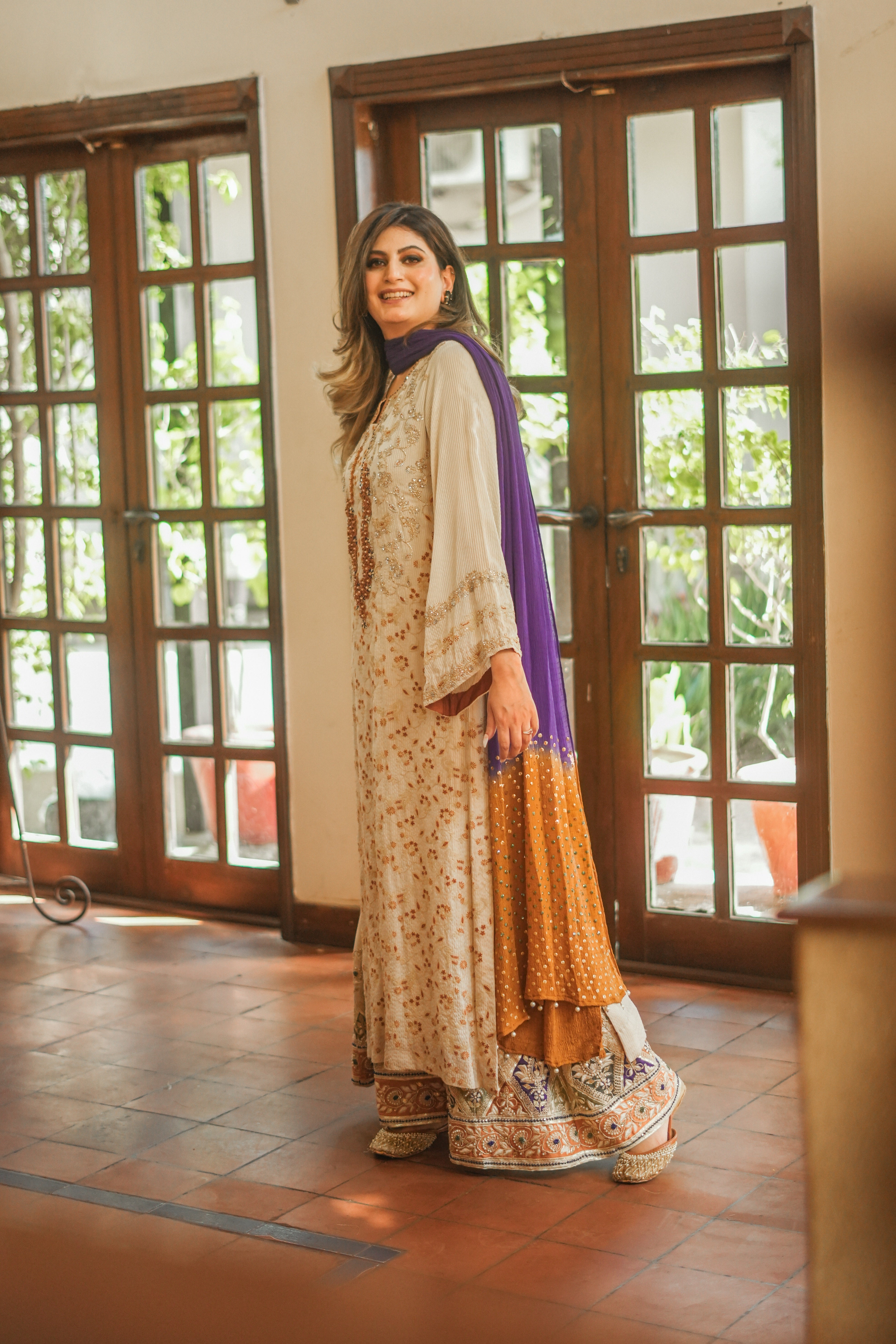 Pakistani Ivory Embroidered Silk Striped Salwar Kameez (3-Piece) - Image 11