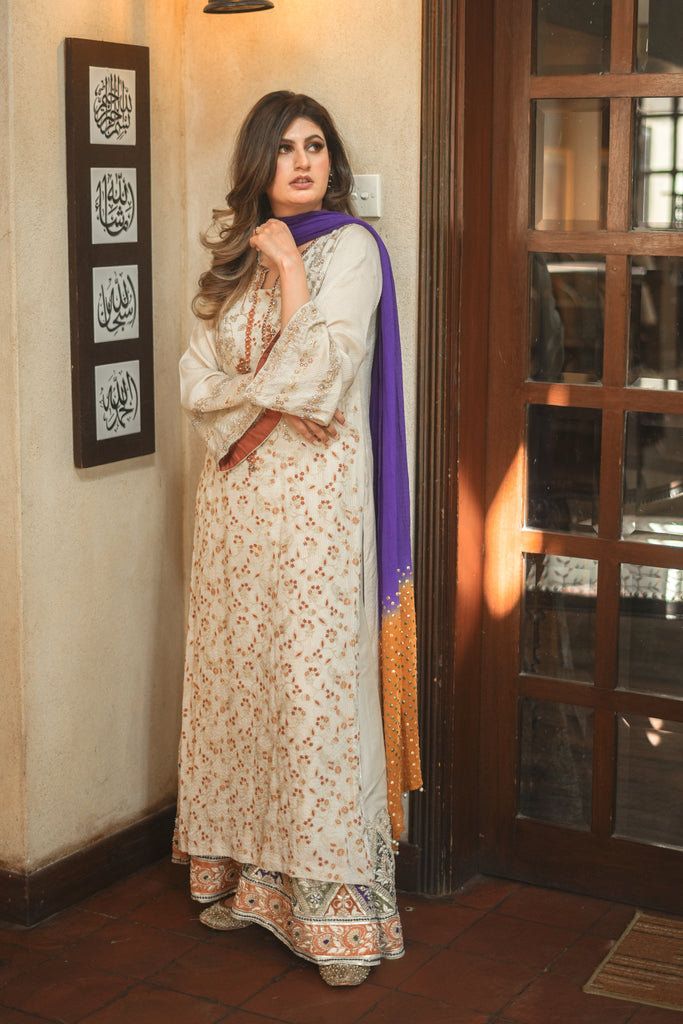 Pakistani Ivory Embroidered Silk Striped Salwar Kameez (3-Piece) - Image 2