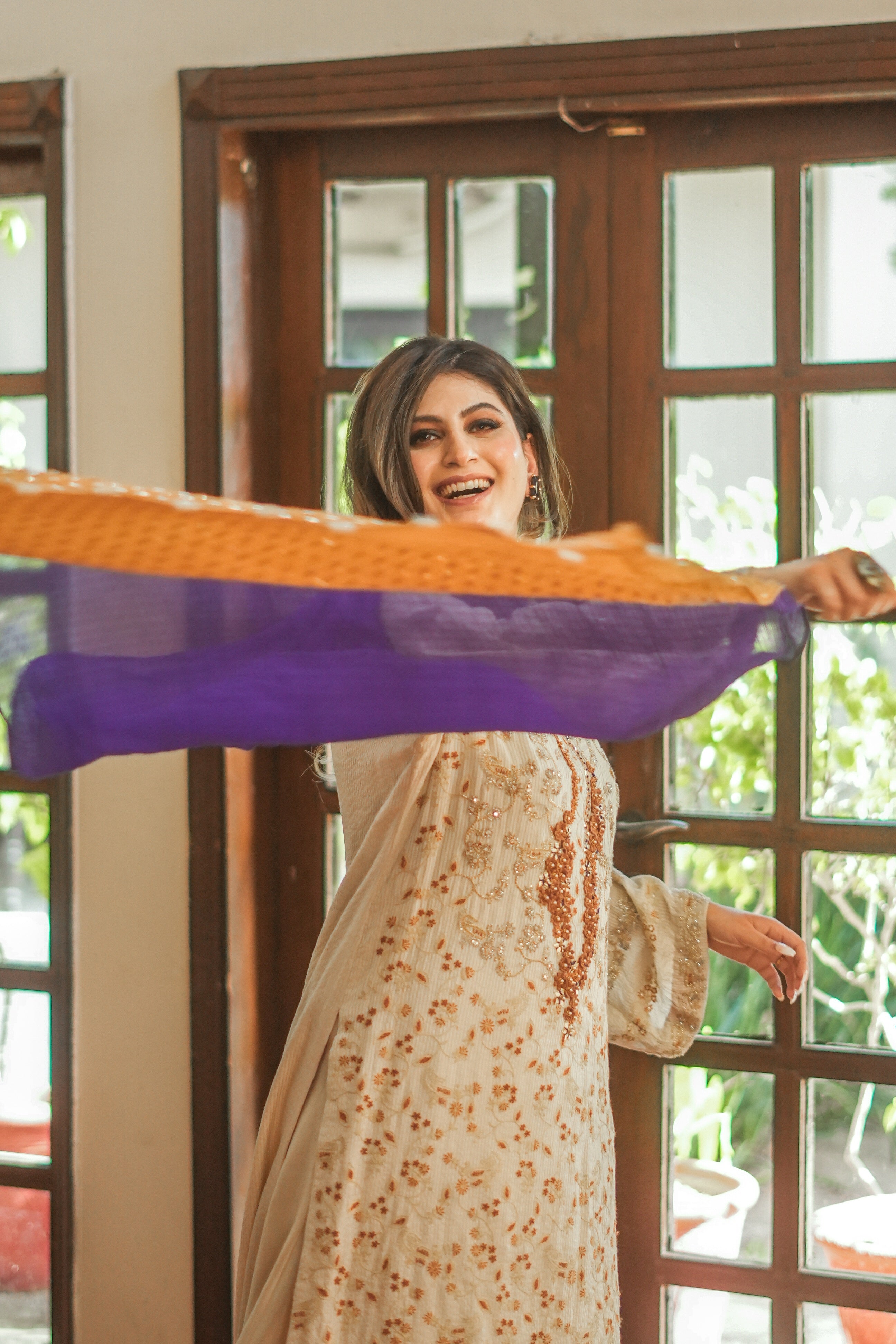 Pakistani Ivory Embroidered Silk Striped Salwar Kameez (3-Piece) - Image 3