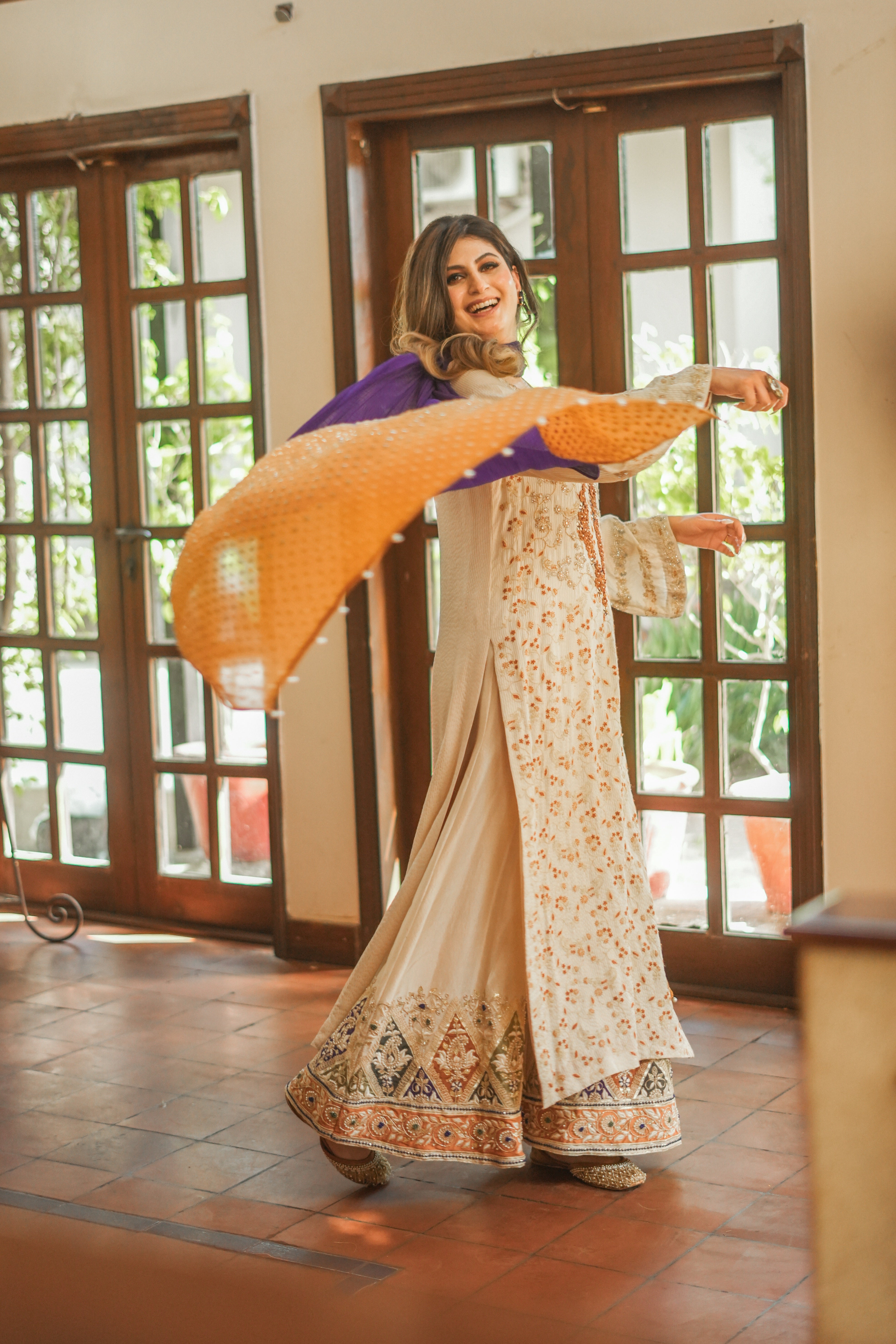 Pakistani Ivory Embroidered Silk Striped Salwar Kameez (3-Piece) - Image 4