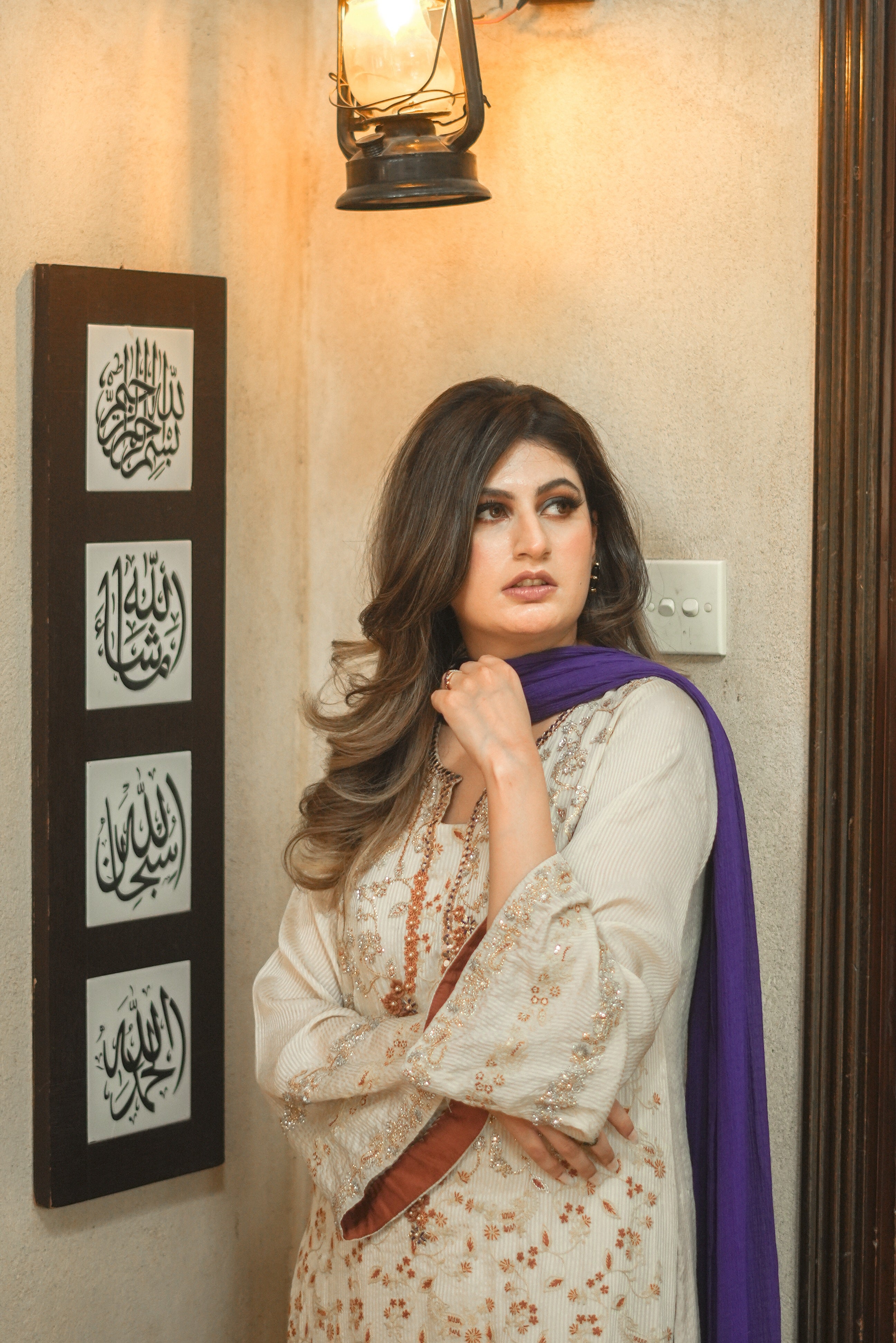 Pakistani Ivory Embroidered Silk Striped Salwar Kameez (3-Piece) - Image 5