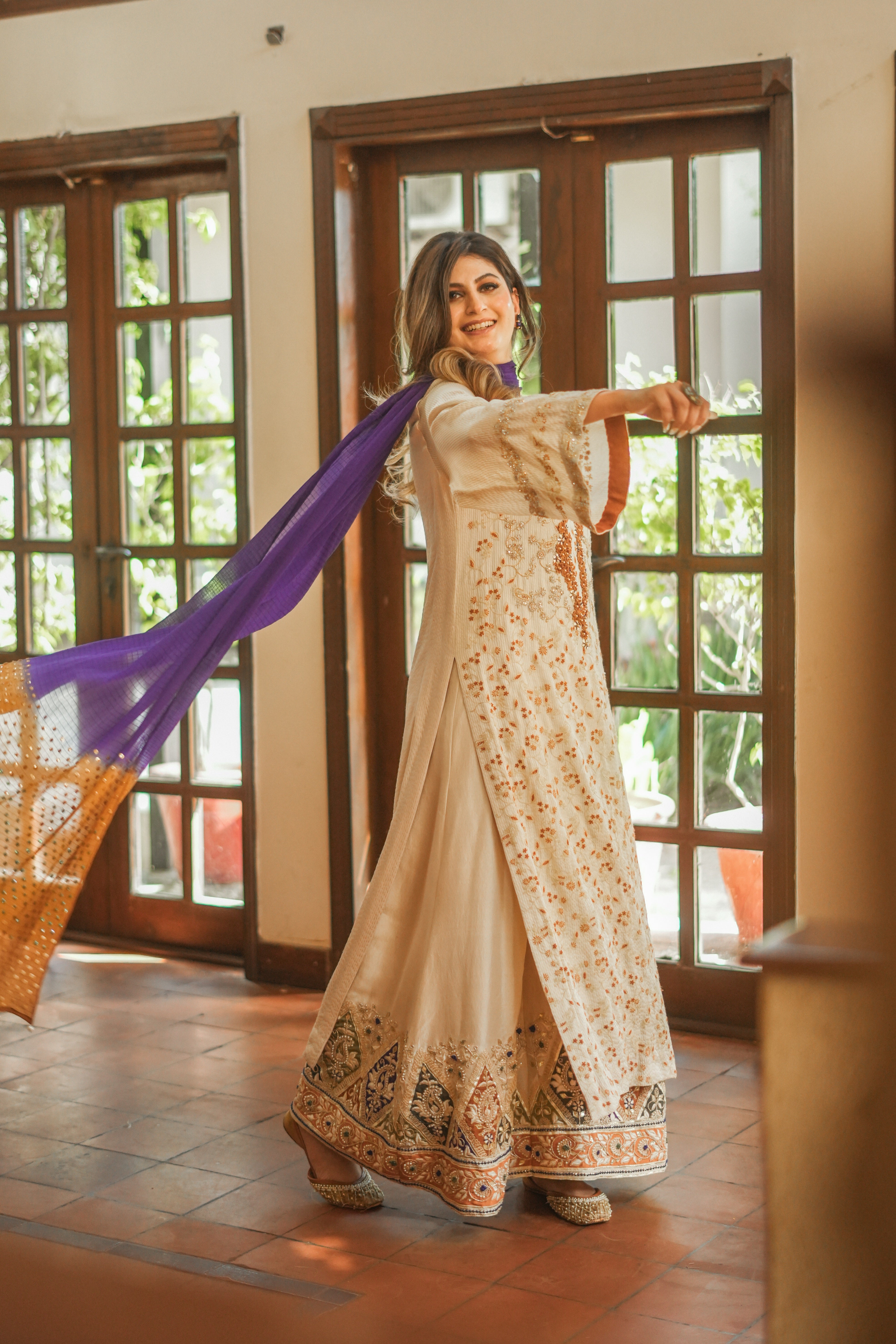 Pakistani Ivory Embroidered Silk Striped Salwar Kameez (3-Piece) - Image 6