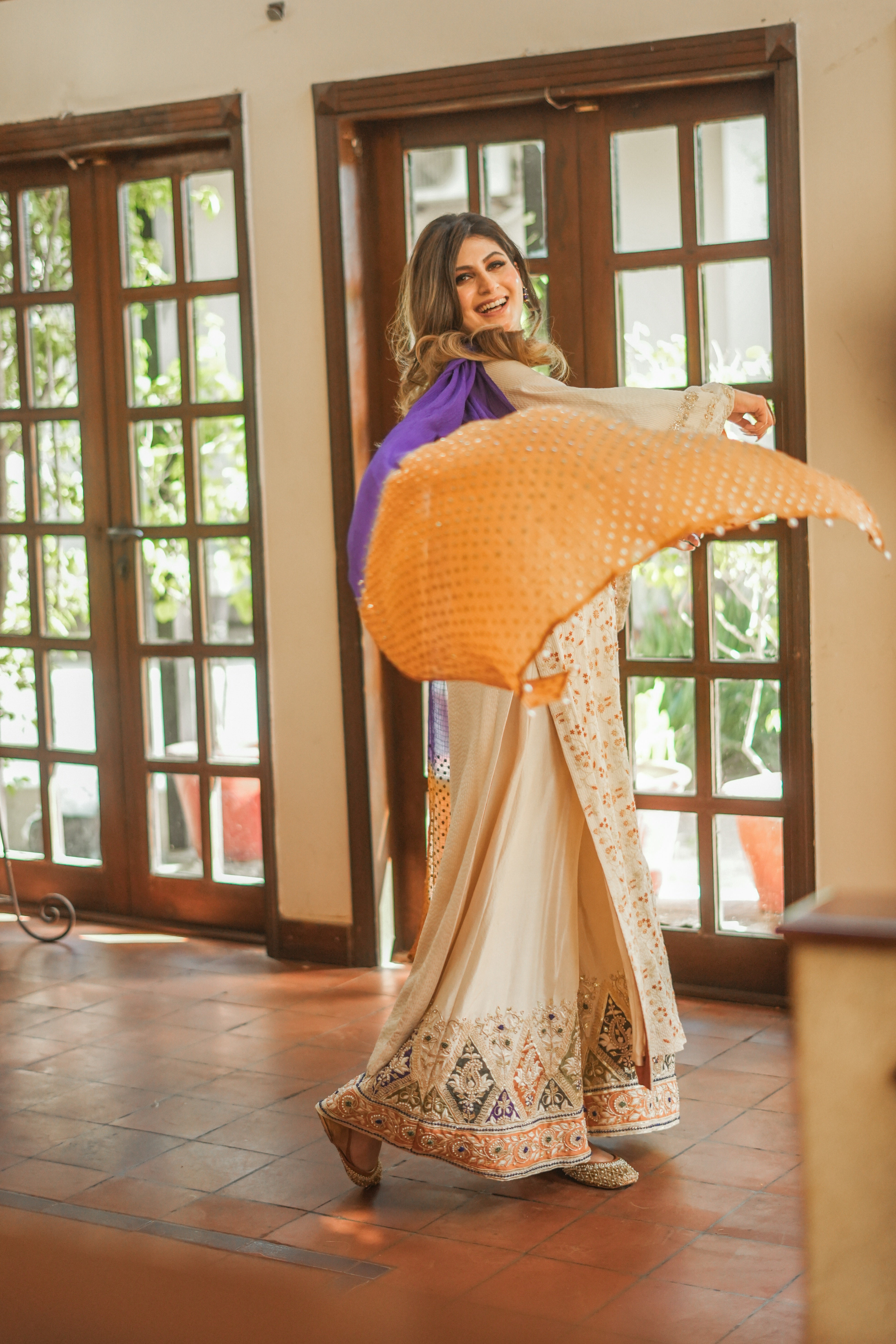 Pakistani Ivory Embroidered Silk Striped Salwar Kameez (3-Piece) - Image 7