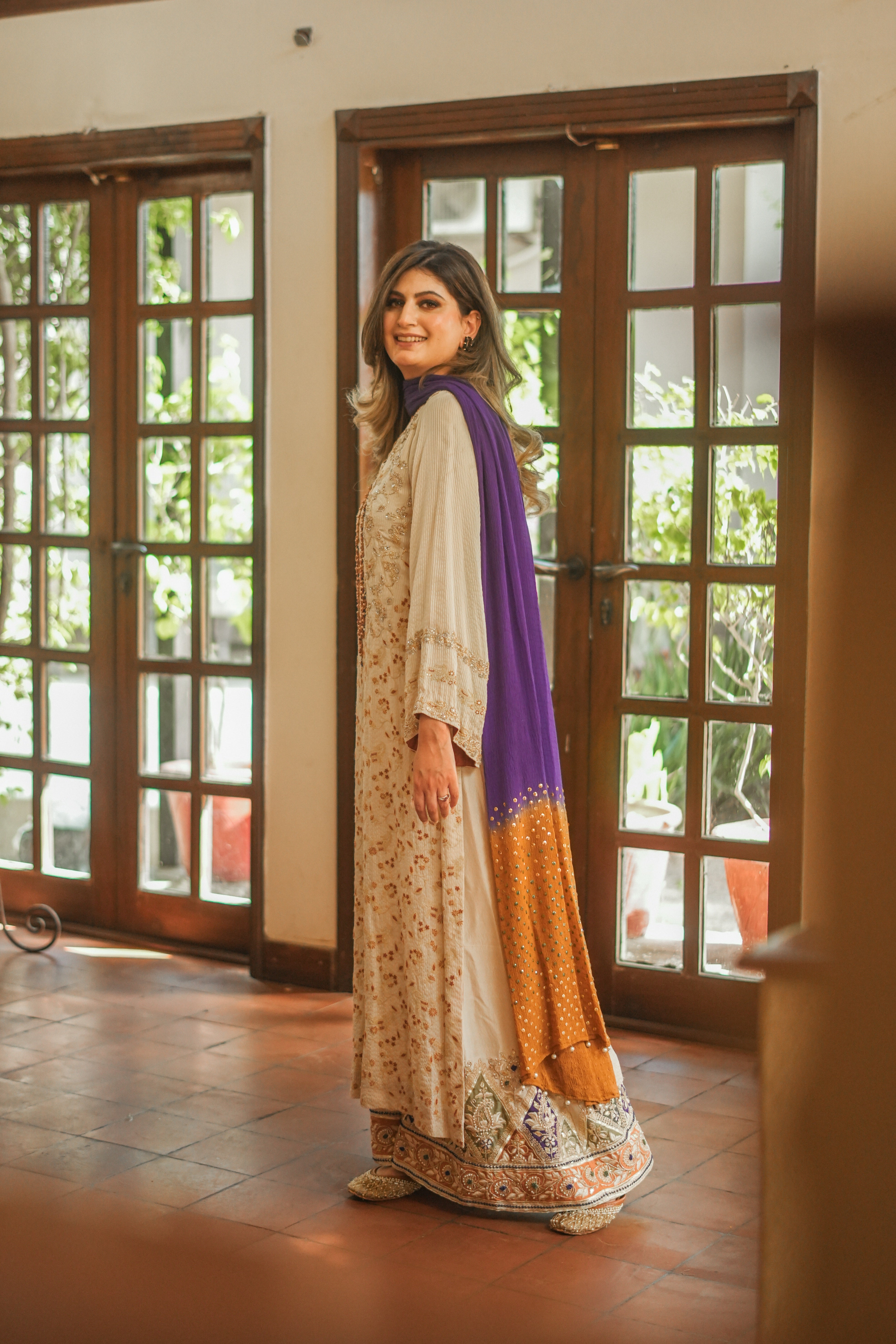 Pakistani Ivory Embroidered Silk Striped Salwar Kameez (3-Piece) - Image 8