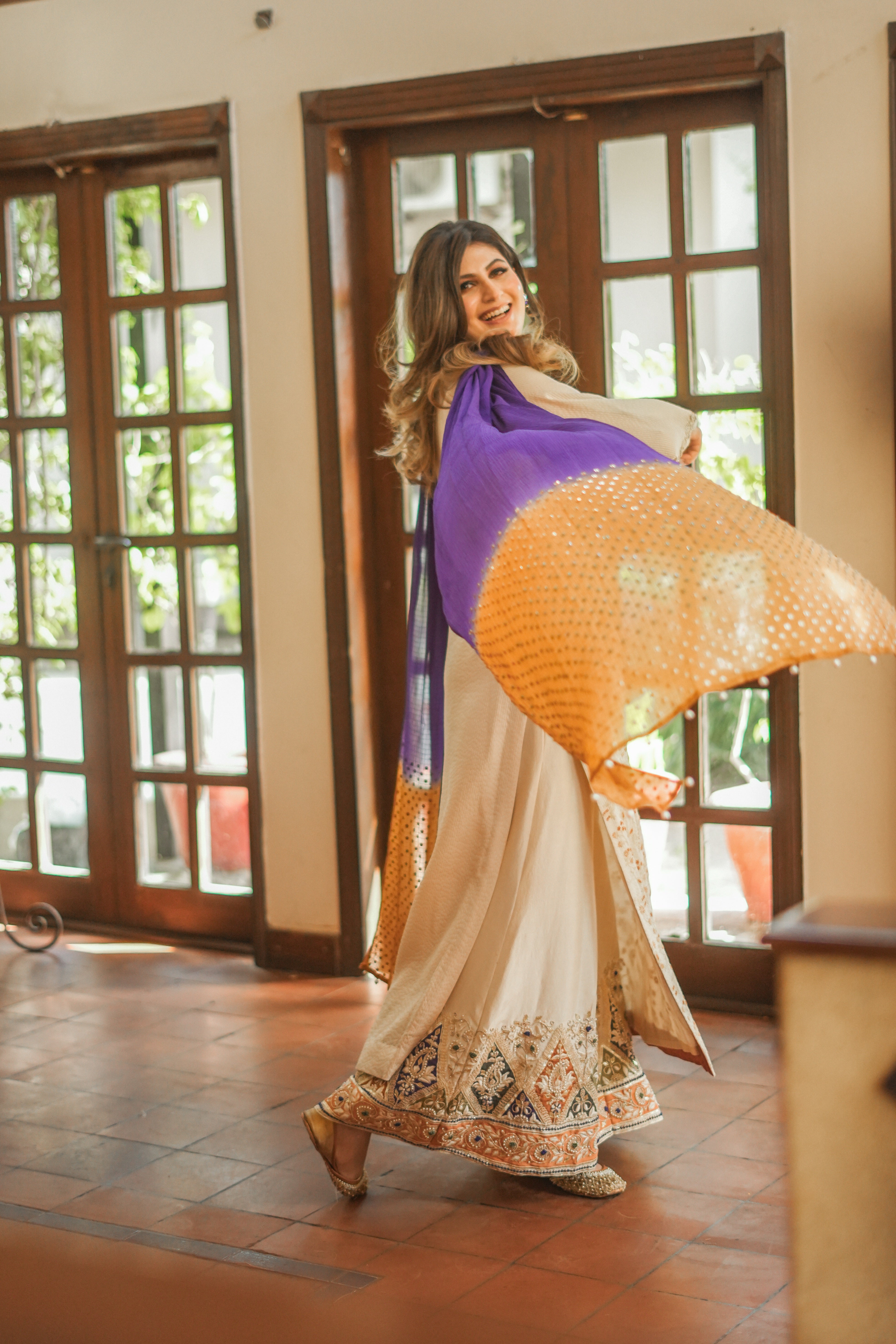 Pakistani Ivory Embroidered Silk Striped Salwar Kameez (3-Piece) - Image 9