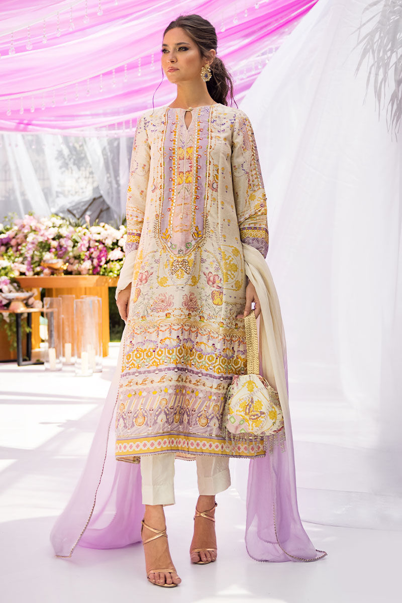 Pakistani Ivory Hand Embellished Silk A-Line Kurta (3-Piece) - Image 1