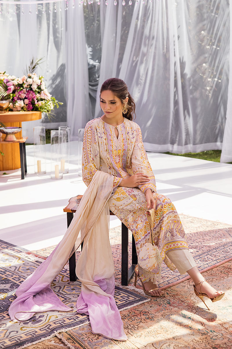 Pakistani Ivory Hand Embellished Silk A-Line Kurta (3-Piece) - Image 4